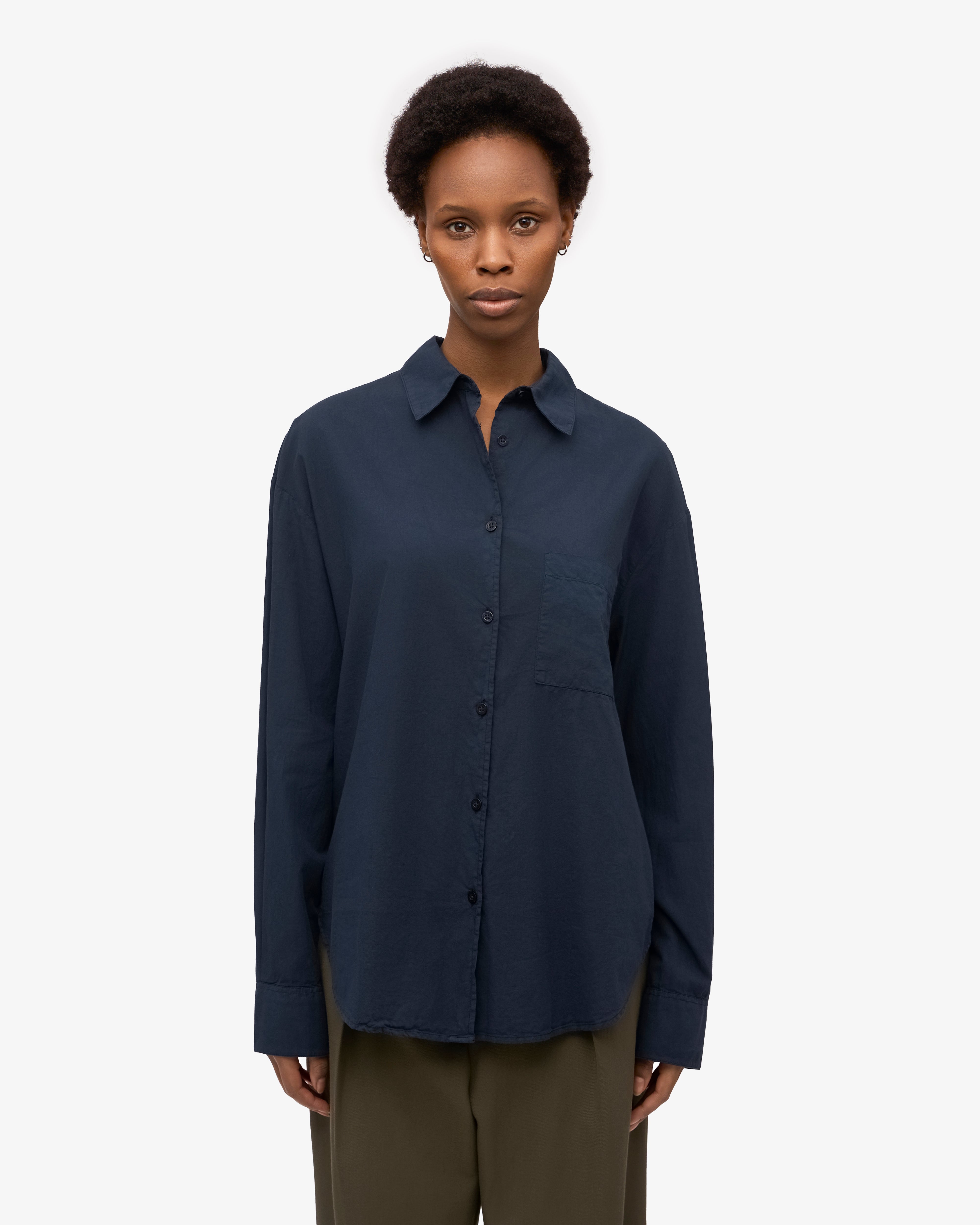 Organic Oversized Shirt for Women - 100% Cotton Loose Fit Long Sleeve Tunic Top - Navy Blue Casual Blouse for Work, Travel & Everyday Wear