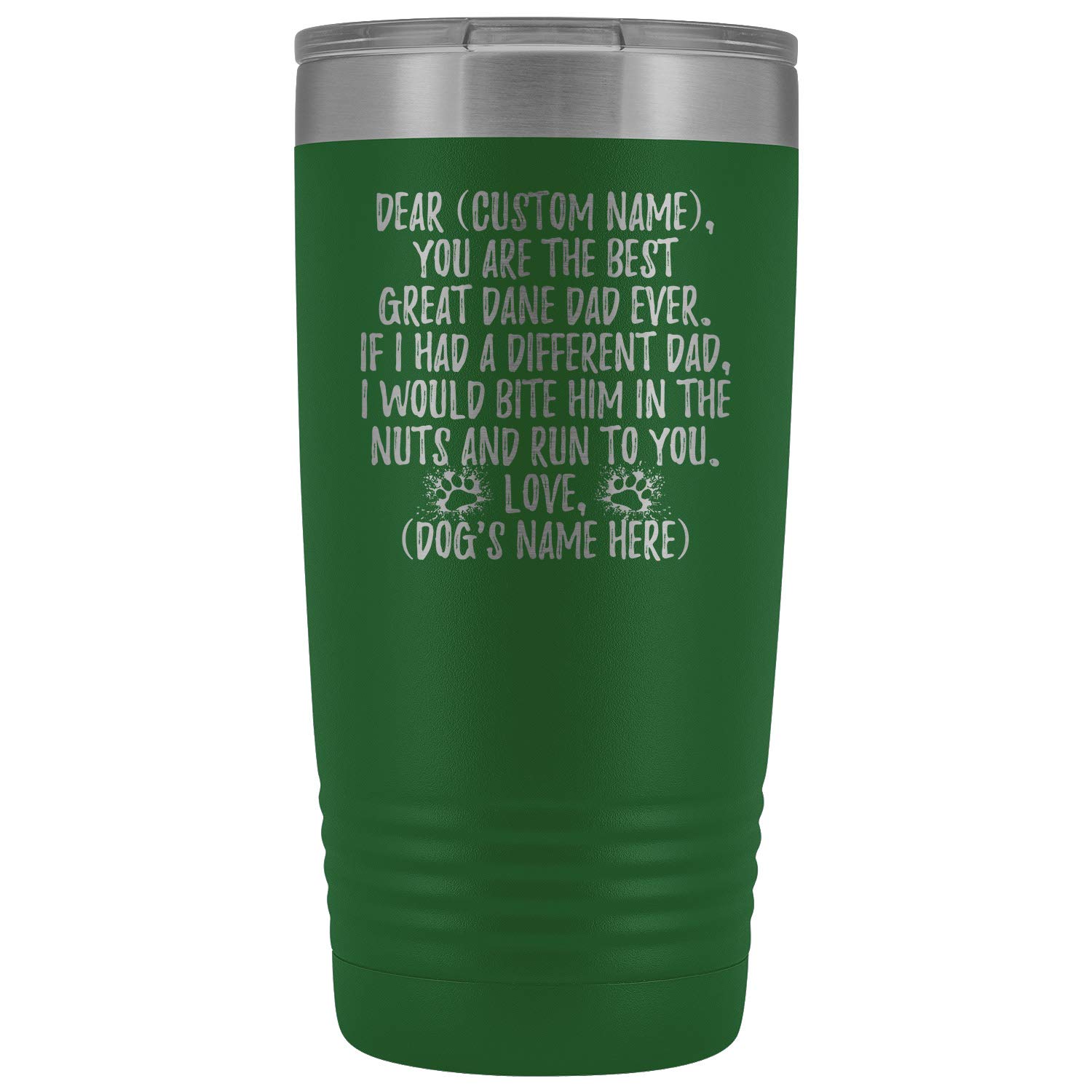 **Personalized Great Dane Dog Dad Tumbler - 20oz Insulated Stainless Steel Travel Mug for Dog Lovers - Custom Engraved Gift for German Mastiff Owners - Perfect for Coffee, Tea & Outdoor Adventures (Green)**