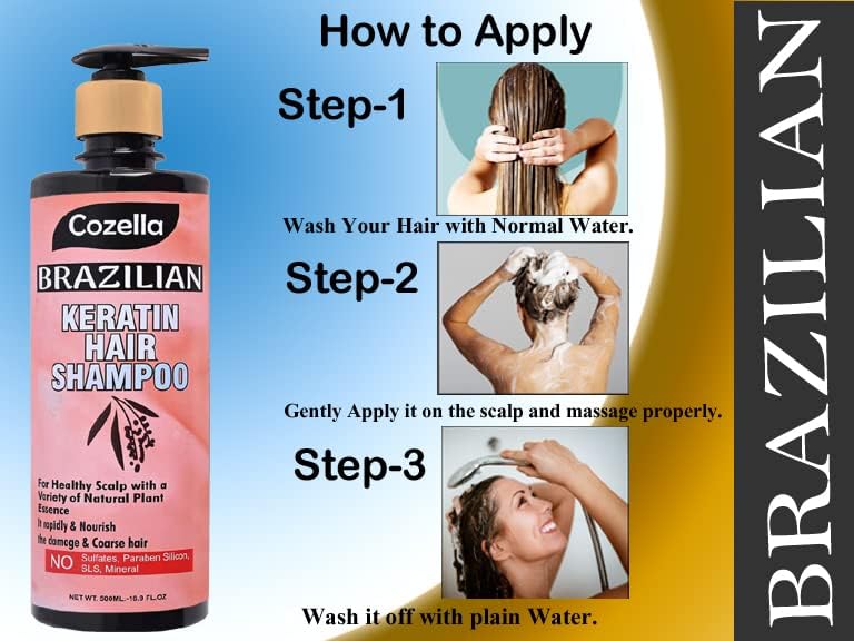 Cozella Brazilian Keratin Shampoo 500ml - Repairing & Smoothing Hair Treatment for Women & Men - Perfect for Damaged, Frizzy & Curly Hair Care at Home