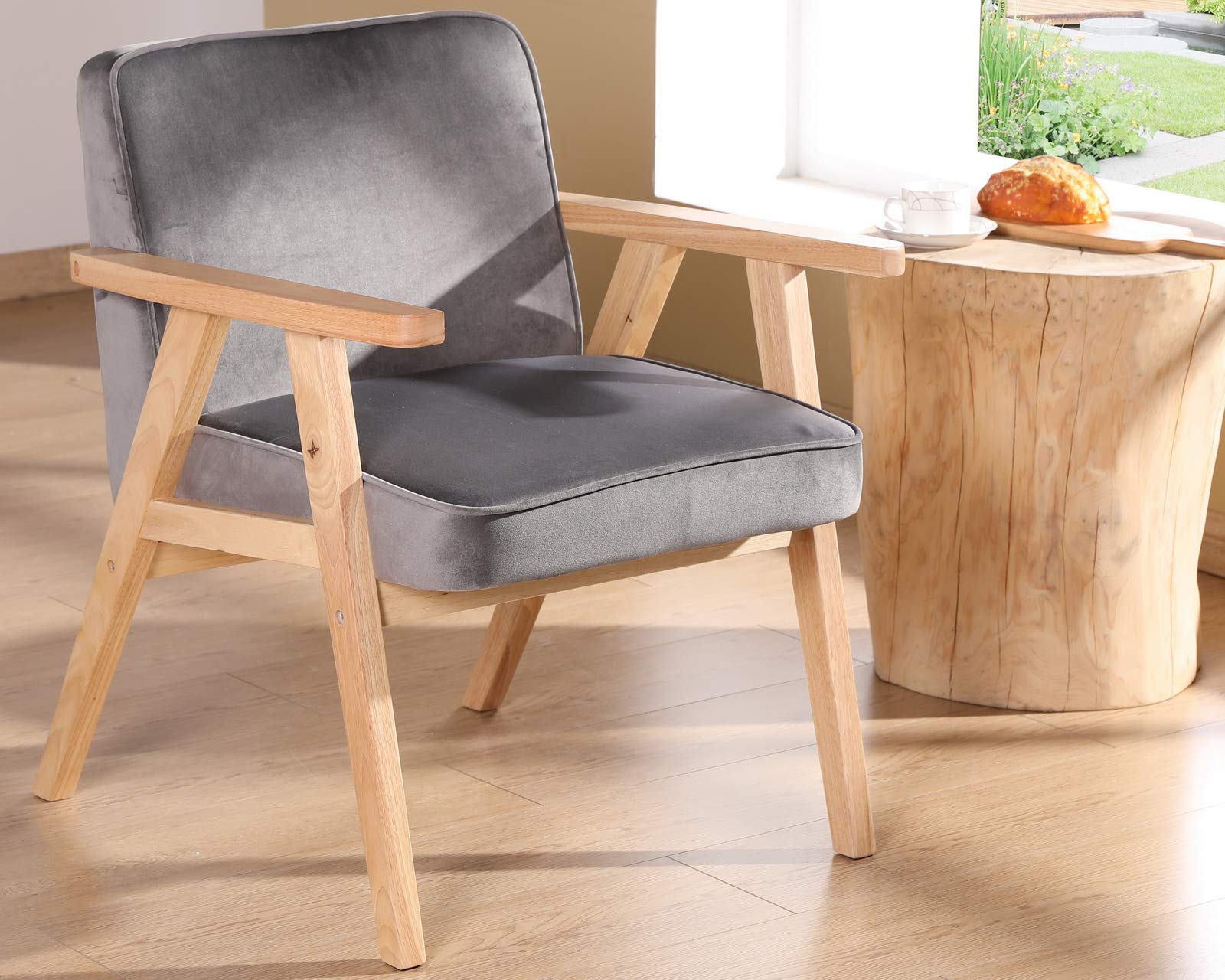 Grey Velvet Accent Chair - Modern Tufted Upholstered Armchair with Solid Wood Legs, Comfortable Lounge Chair for Living Room, Bedroom & Office - Perfect for Reading Nook, Home Decor & Relaxation