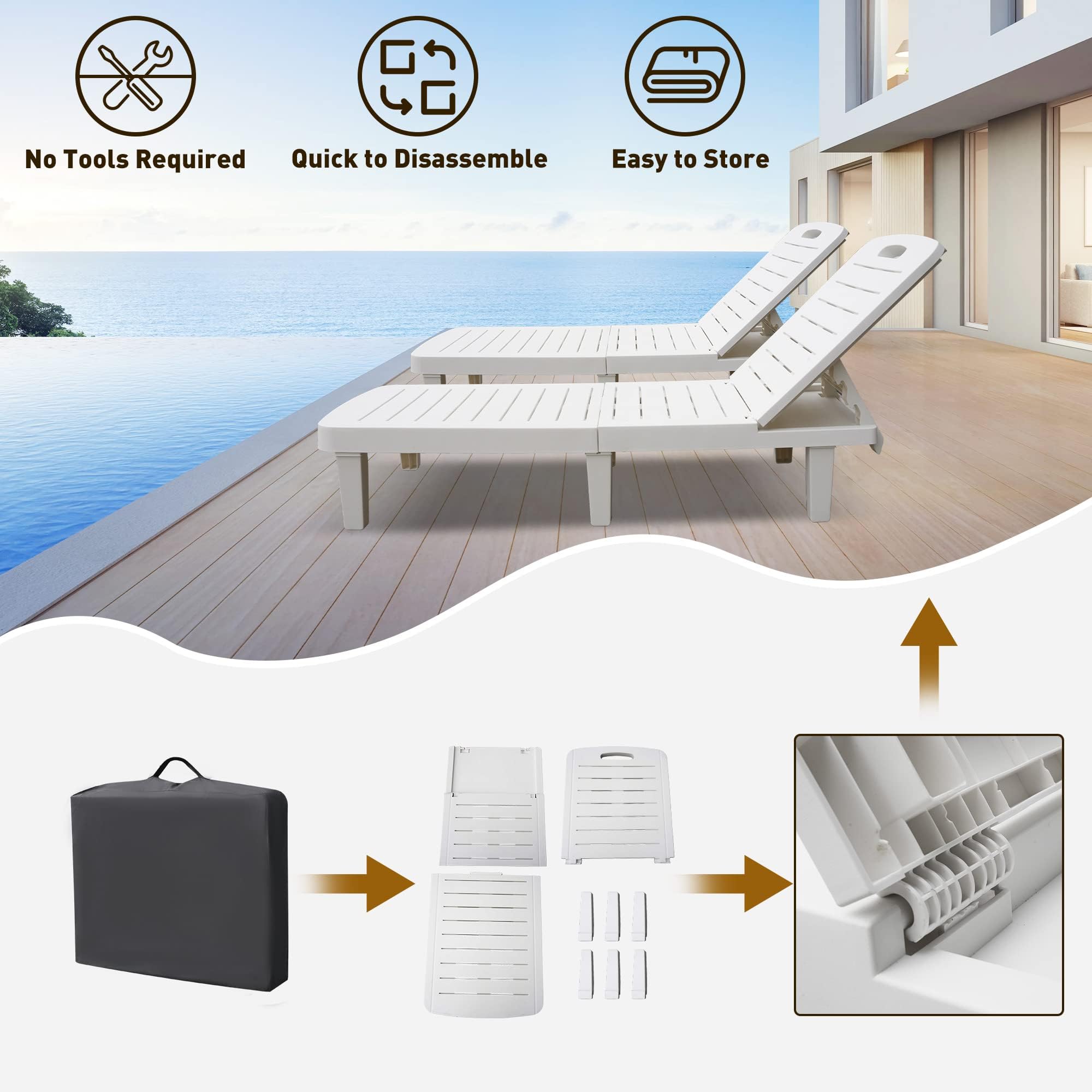Premium White Patio Lounge Chairs Set of 2 - Adjustable Backrest Outdoor Chaise Lounges with Side Tray | Waterproof & Lightweight Plastic Poolside Chairs for Beach, Backyard, Garden | Perfect for Sunbathing, Relaxing by the Pool or Outdoor Lounging