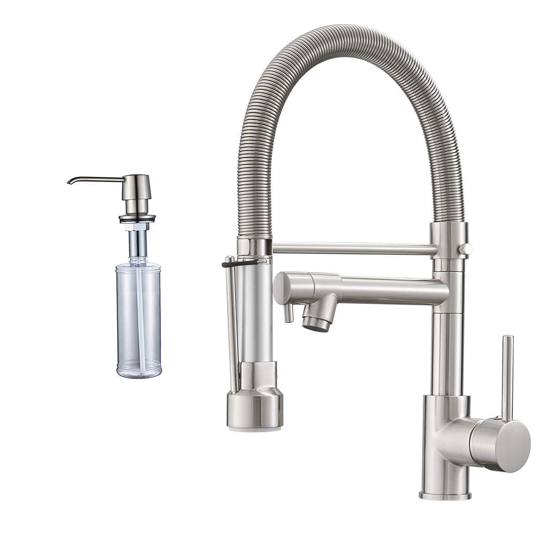 Fapully Single Handle Pull Down Kitchen Faucet with Sprayer and Soap Dispenser - Brushed Nickel Finish for Modern Farmhouse & Industrial Style Kitchens