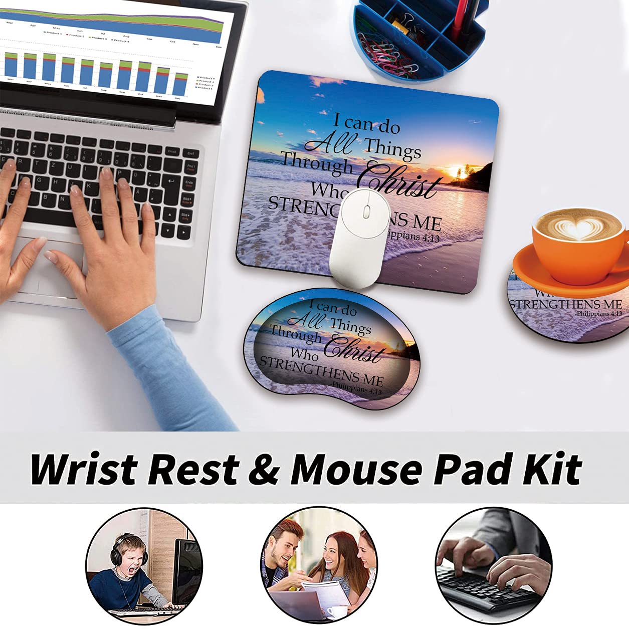 Ergonomic Mouse Pad Set with Memory Foam Wrist Rest & Coaster - Comfortable Gaming & Office Accessories for Laptop/PC - Perfect for Work, Gaming & Bible Study (Philippians 4:13 Inspired)