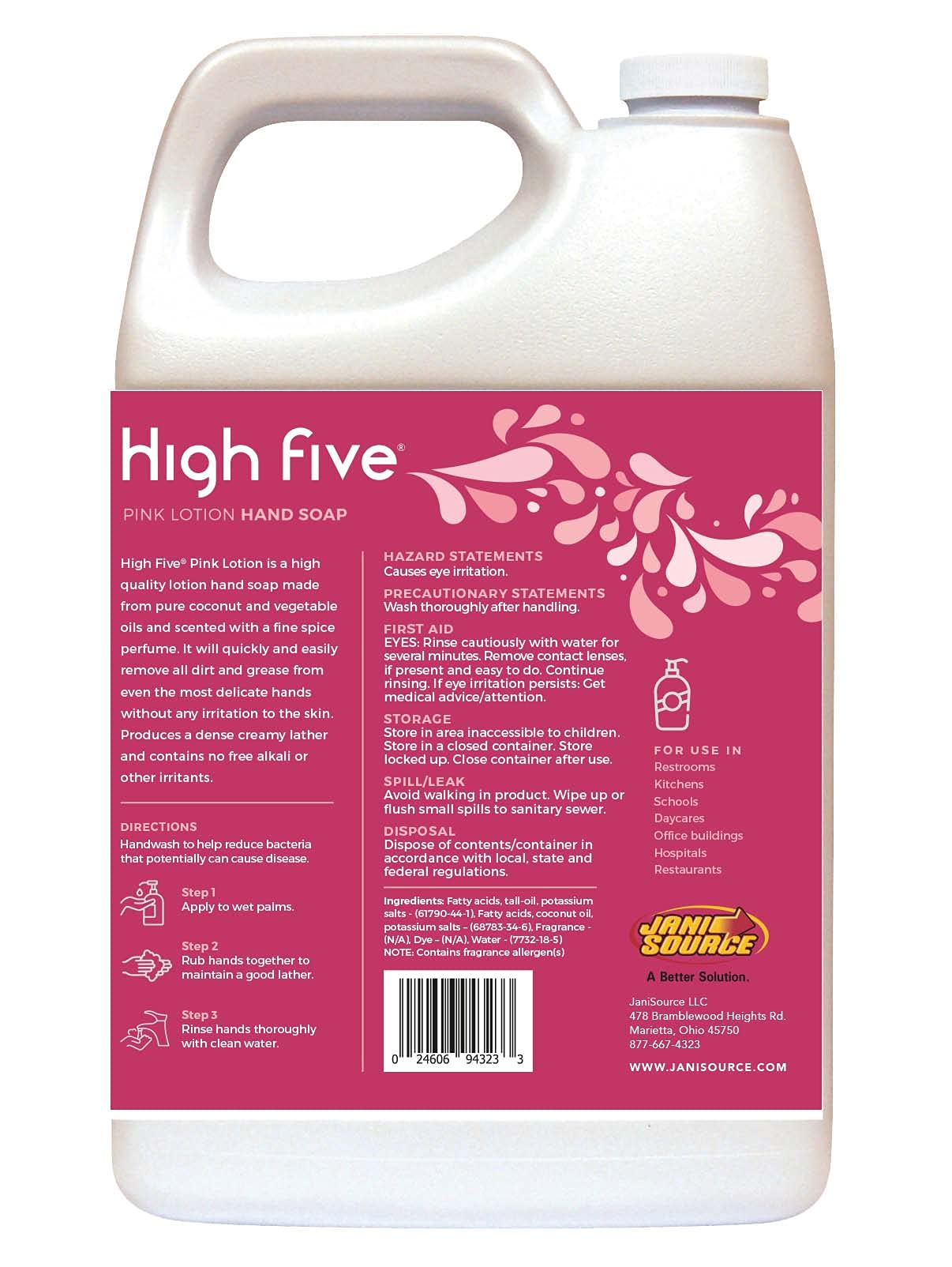 HighFive Pink Lotion Hand Soap - 1 Gallon Bulk Refill, Moisturizing & Antibacterial for Soft Skin | Ideal for Restaurants, Schools, and Home Use