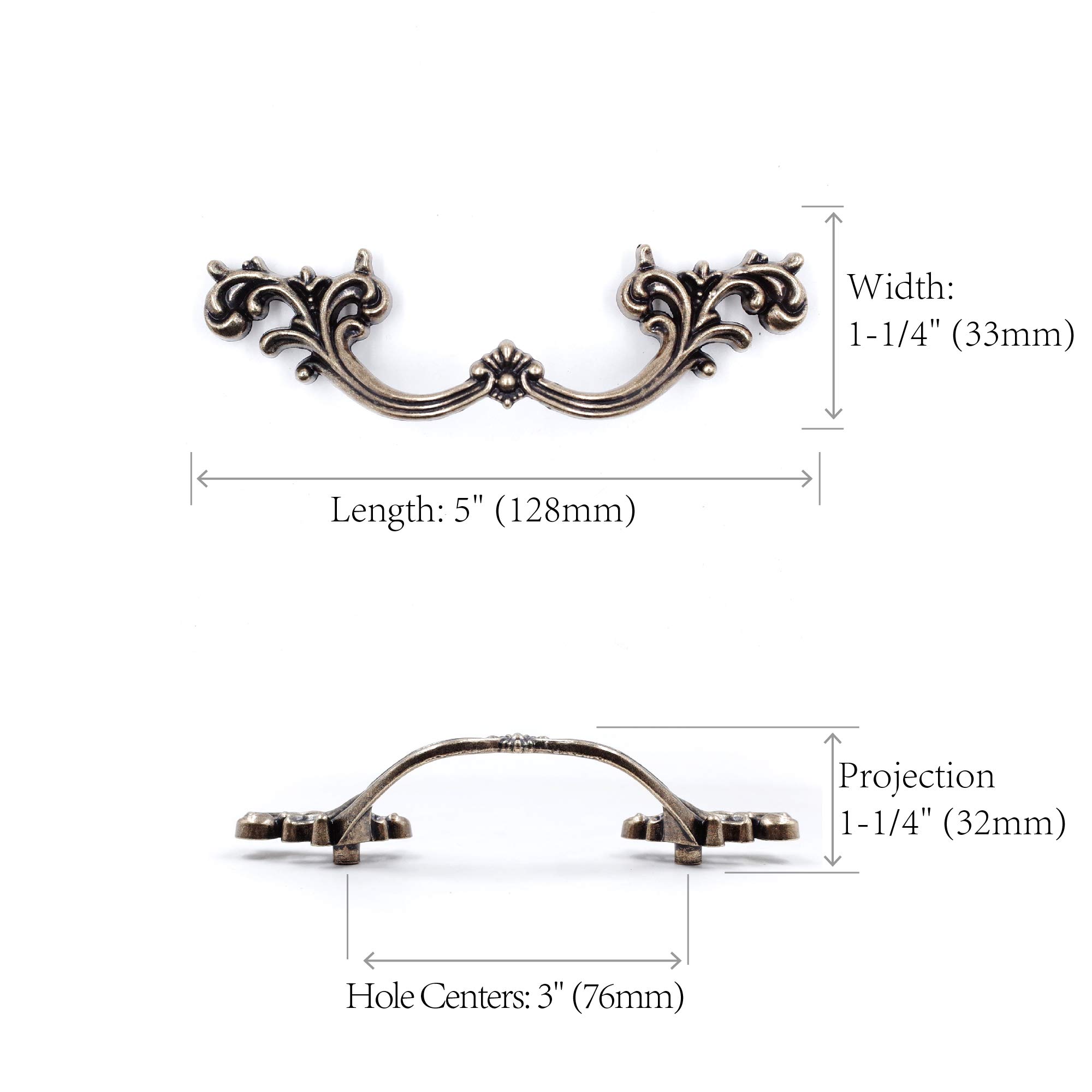 Vintage French Provincial Drawer Pulls 6-Pack - Antique Brass Cabinet Handles, 3