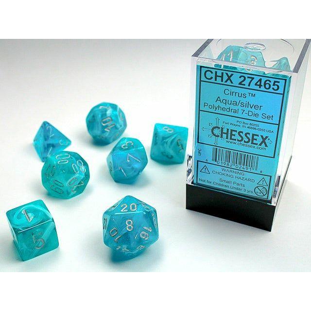 Premium 7-Piece Cirrus Dice Set in Aqua & Silver - Perfect for Dungeons & Dragons, Board Games, and Tabletop RPGs