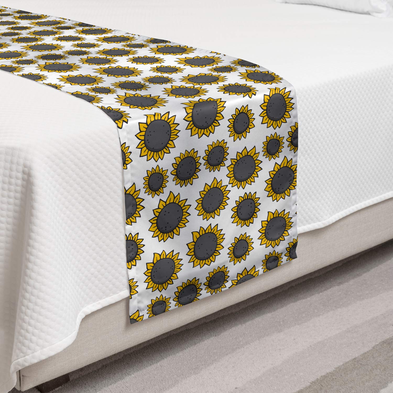Ambesonne Sunflower Bed Runner - Hand Drawn Floral Design, Nature Inspired Decorative Bed Scarf for Queen & King Beds - Perfect for Hotels, Homes & Guest Rooms (Grey Earth Yellow) | Bedroom Decor, Wedding Gift, Housewarming Present