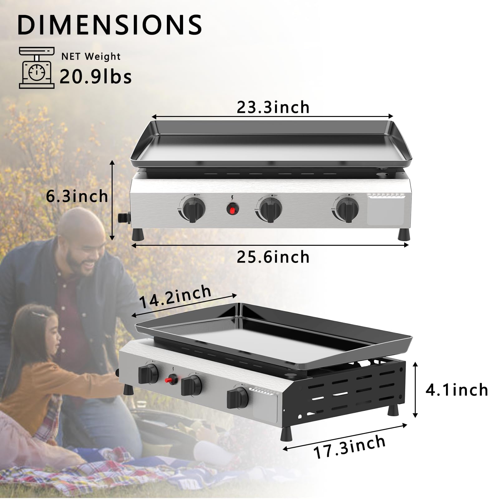 SKOK 3 Burner Gas Griddle - 23.3 Inch Outdoor Propane Griddle with 30,000 BTU - Portable Flat Top Gas Grill for Camping, Backyard BBQ & Tailgating - Perfect for Outdoor Cooking, Patio Parties & RV Adventures