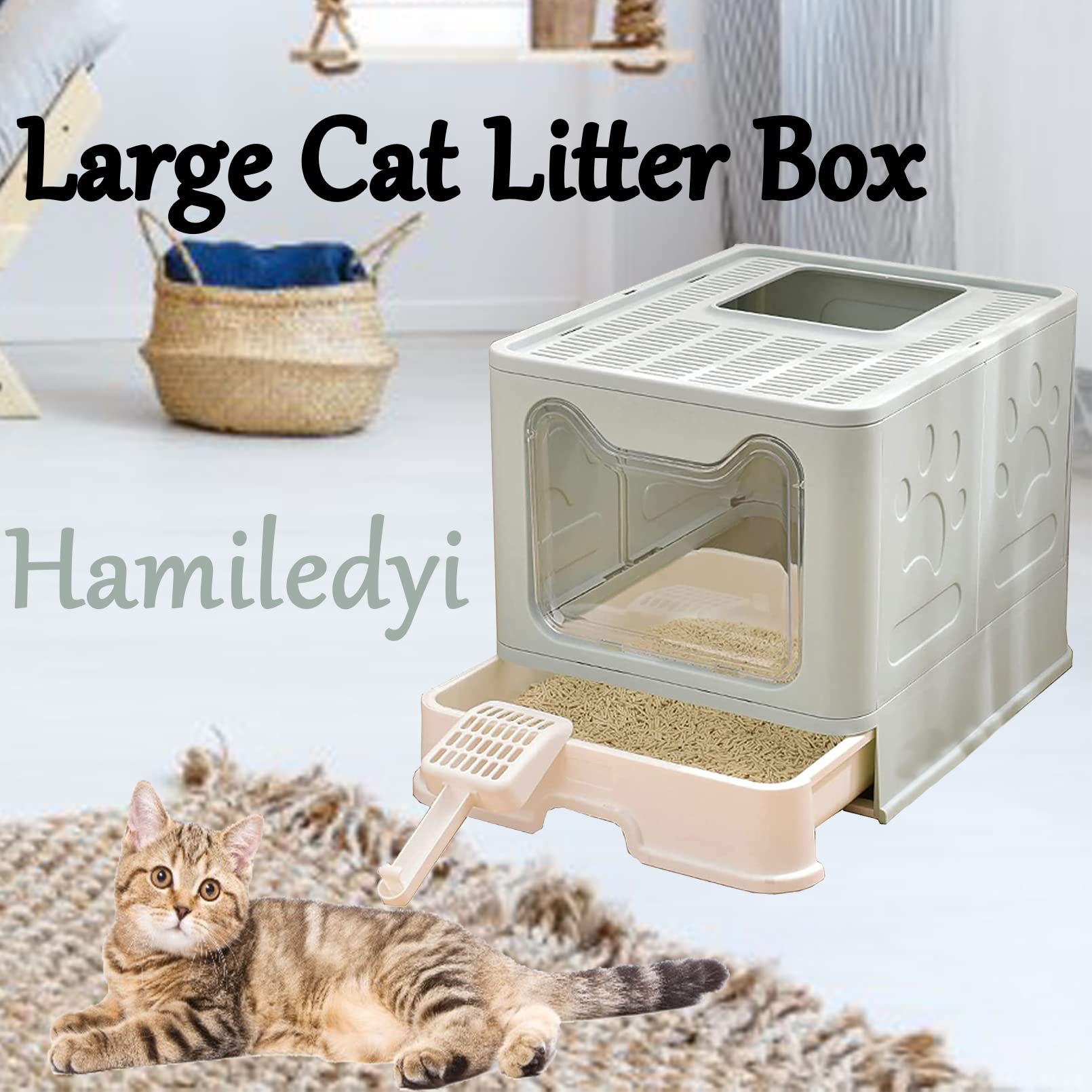 Foldable Large Enclosed Cat Litter Box with Drawer & Scoop - Top Entry Anti-Splash Design, Odor Control for Cats & Kittens (Blue) - Perfect for Small Spaces & Multi-Cat Homes