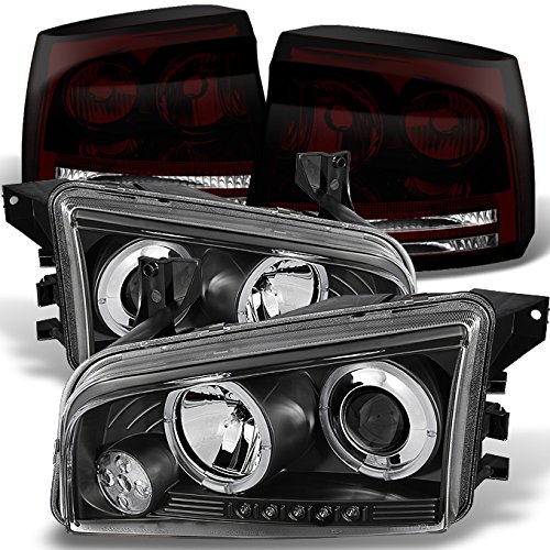 AKKON Black Halo LED Projector Headlights & Dark Red Smoked Tail Lights Combo for 2006-2008 Dodge Charger - 4Pcs Set for Enhanced Night Visibility and Aggressive Style
