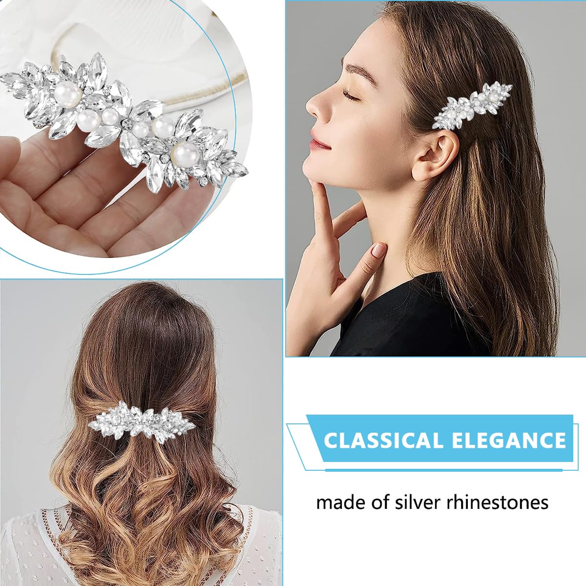 MAYCREATE® 2Pcs Rhinestone Hair Clips for Women - Elegant Crystal Pearl Barrettes, Silver French Hairpin Floral Hair Accessories for Bridal, Wedding, Party & Everyday Use | Perfect for Special Occasions, Date Nights and Formal Events