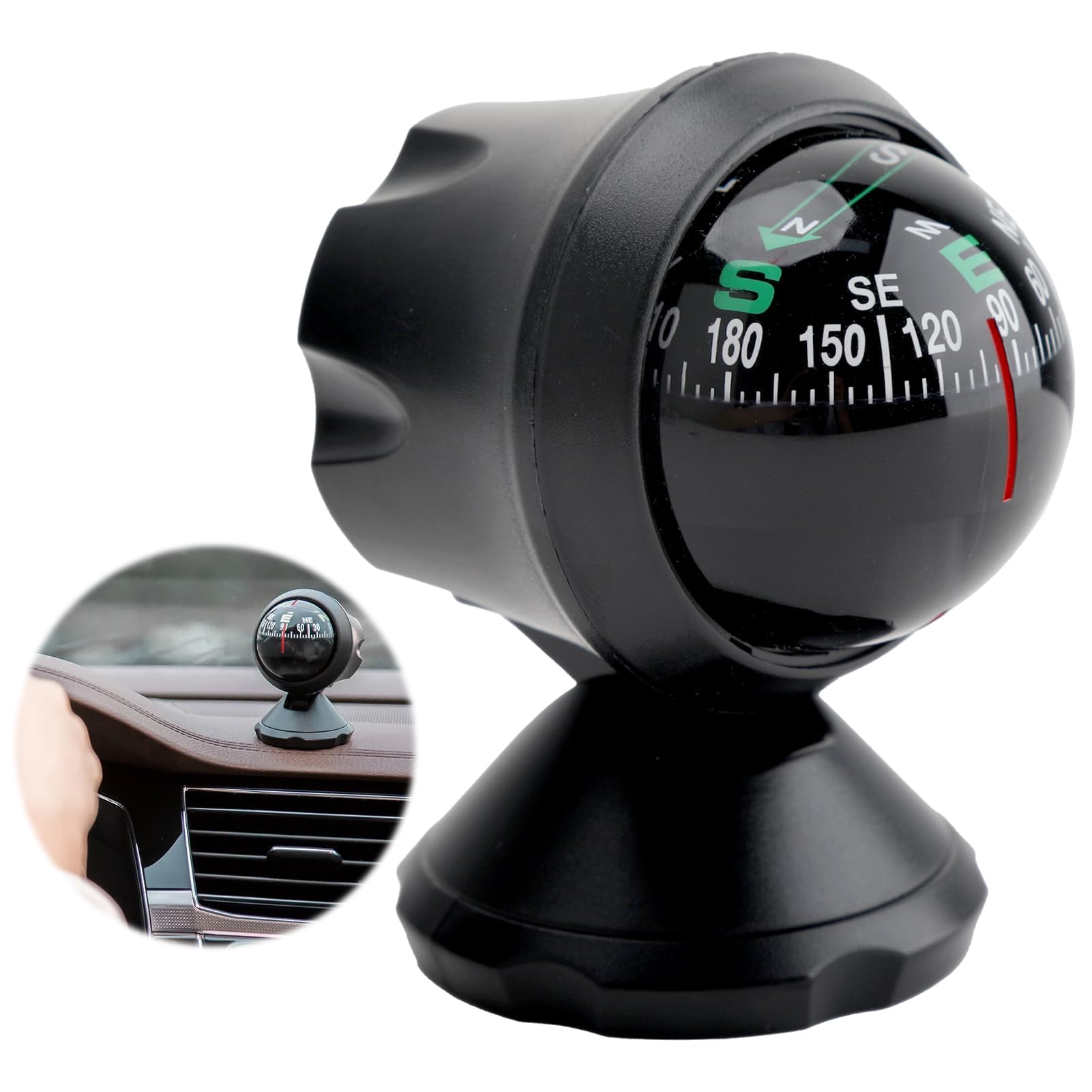 Car Dashboard Compass with Adjustable Mount - Universal Vehicle Compass for Cars, Trucks, Boats & RVs | Accurate Direction Finding for Road Trips, Off-Roading & Marine Navigation