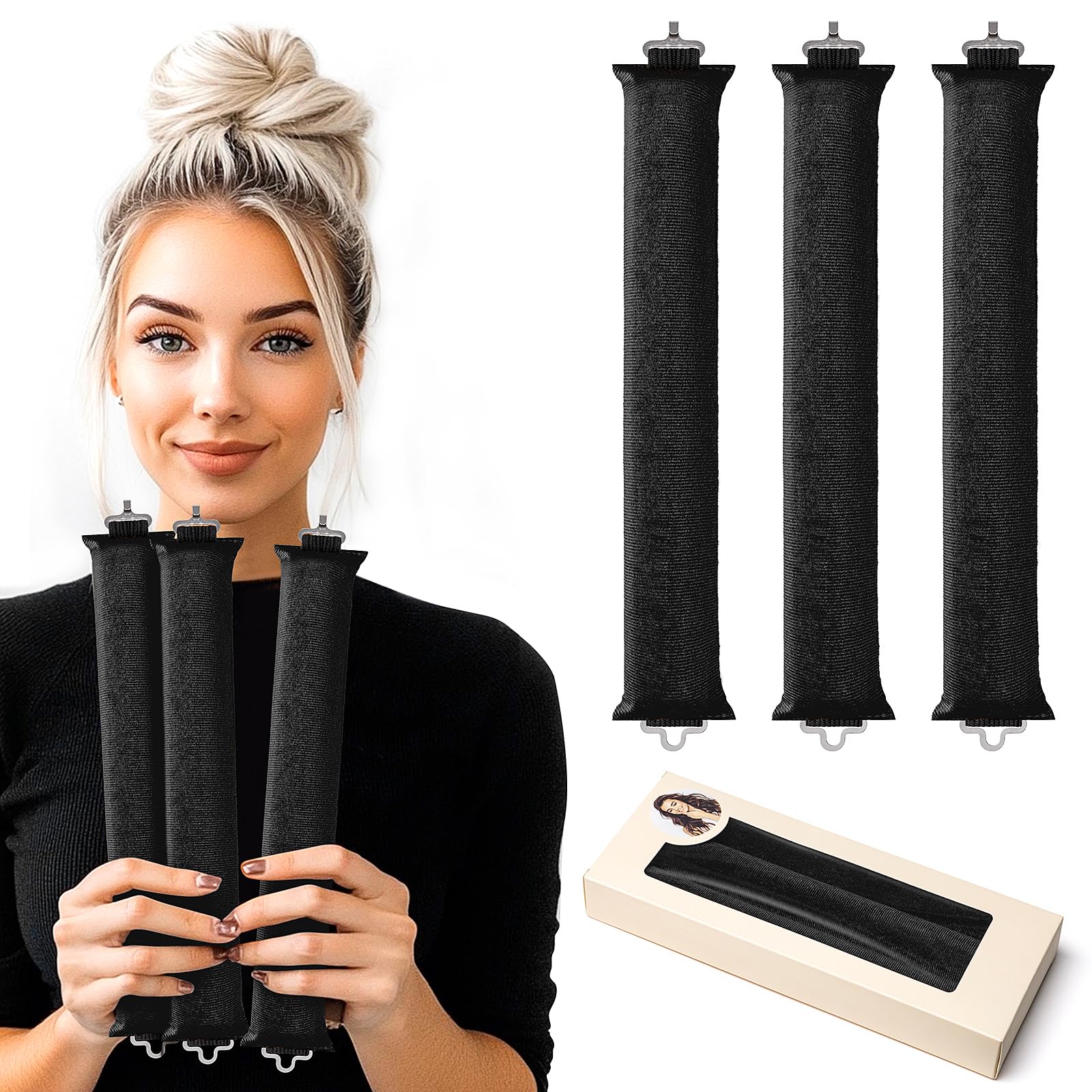 Heatless Curling Rod Headband - No Heat Silk Hair Rollers for Overnight Curls with Hair Clips & Scrunchie (Upgraded Black Set) | Perfect for Sleeping, Travel & Damage-Free Styling