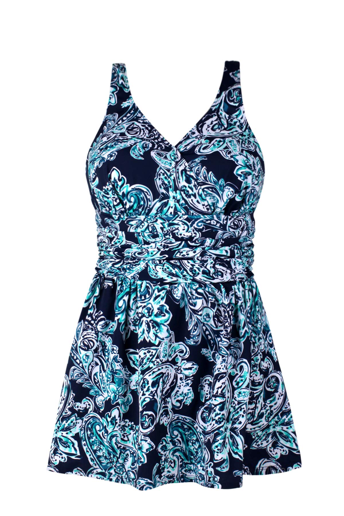 JINXUEER Plus Size Swim Dress for Women - Floral Print Ruched Modest One Piece Swimsuit with Skirt | Slimming Bathing Suit for Beach, Pool & Vacation