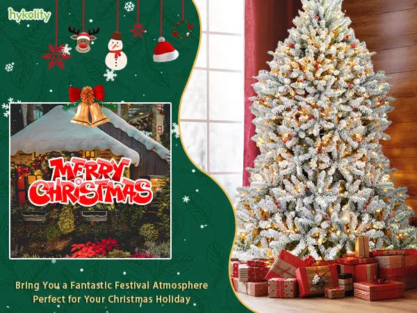 6.5'/7.5' Pre-Lit Snow Flocked Artificial Fir Christmas Tree with Pine Cones & Berries - PVC Branch Tips, Warm White LED Lights, Metal Stand & Hinged Branches for Holiday Home Decor, Office & Christmas Party Decoration