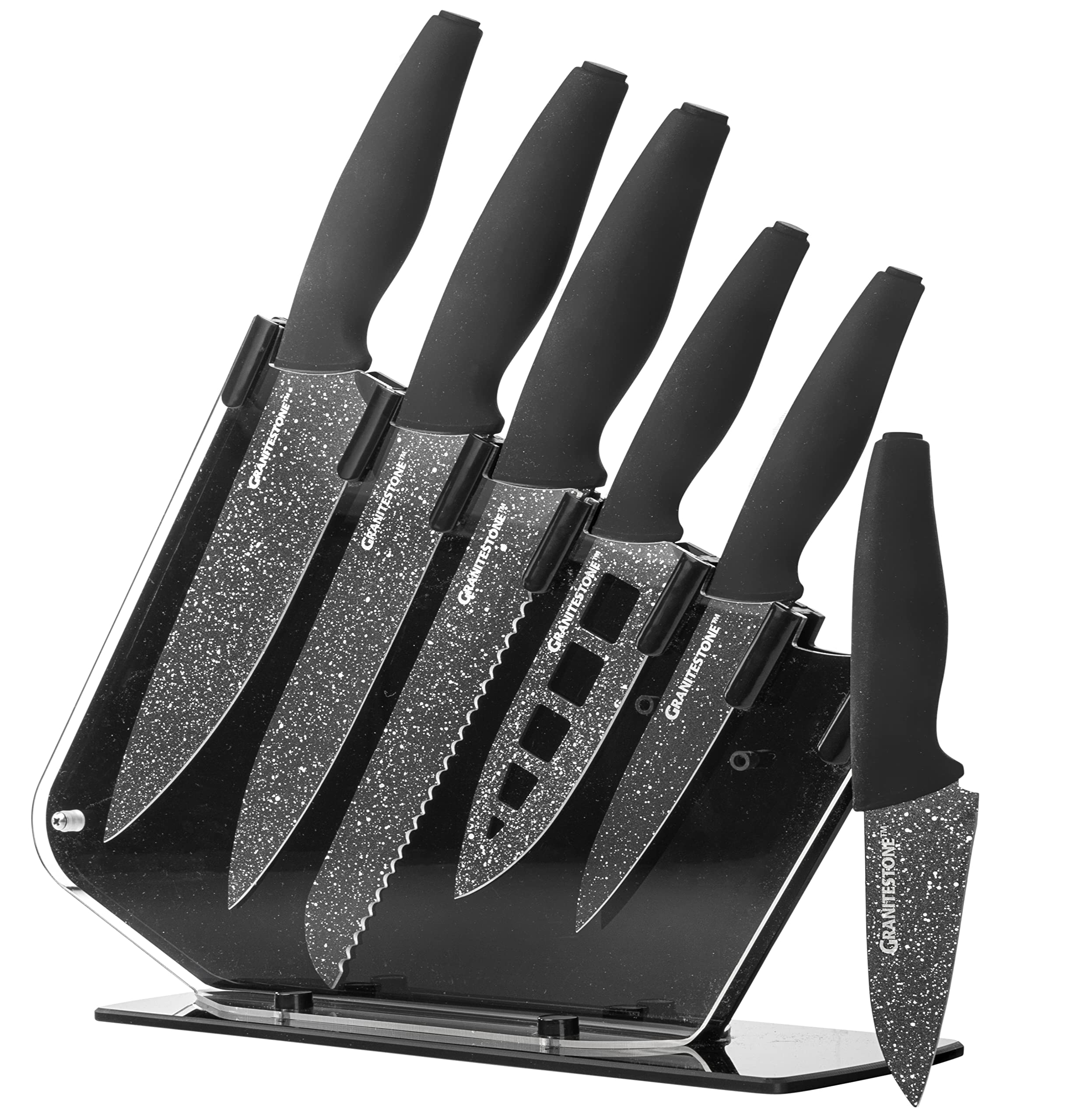 Granitestone Nutriblade 6-Piece Professional Chef Knife Set with Block - Ultra Sharp Stainless Steel Knives with Nonstick Granite Coating, Ergonomic Grip, Dishwasher Safe (Black) - Perfect for Home Cooking, Professional Kitchens & Gift Giving