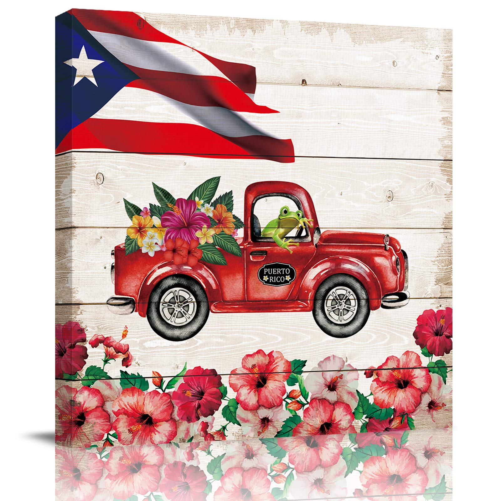 Hand-Painted Puerto Rico Truck Frog Hibiscus Flag Canvas Wall Art - 24x24 Inch Modern Oil Painting on Wood Plank, Ready to Hang for Living Room & Bedroom Decor | Tropical Home Decor, Unique Gift Idea
