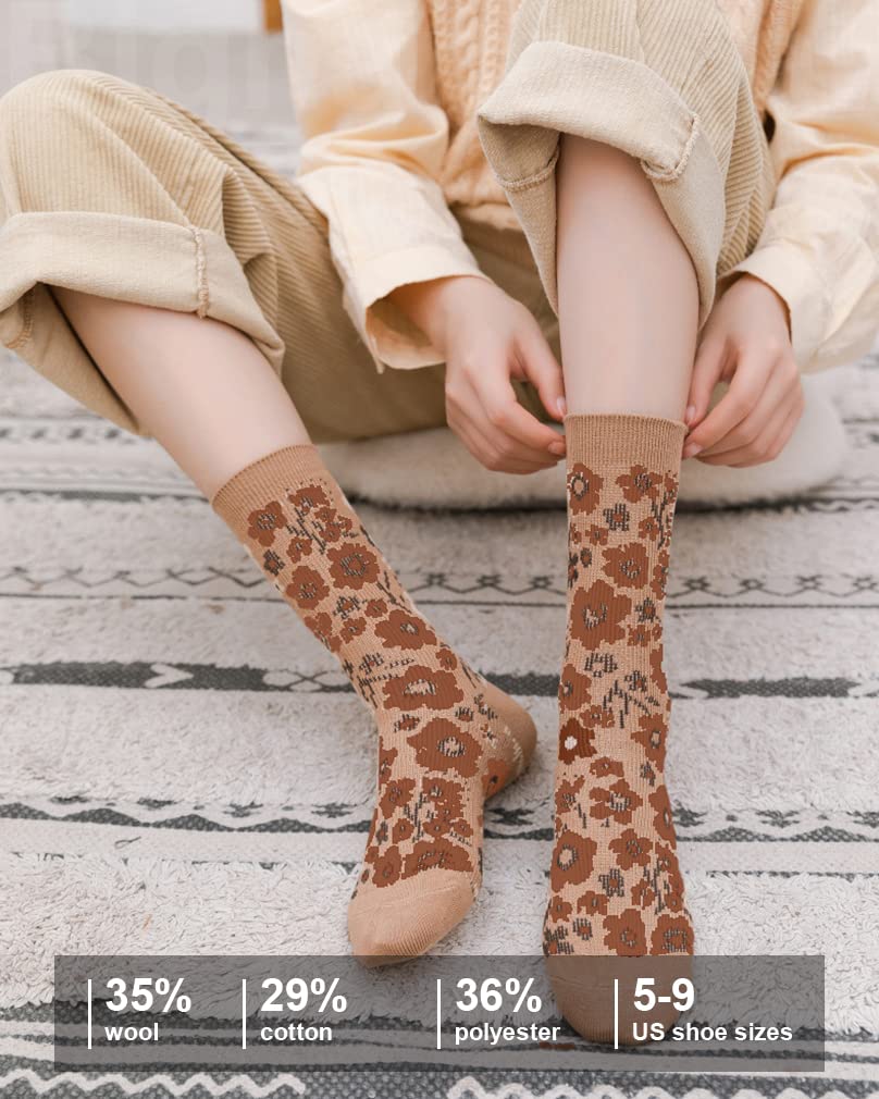 Vintage Wool Socks for Women - 5 Pairs Cozy Crew Socks with Unique Print | Christmas Gifts & Winter Wear