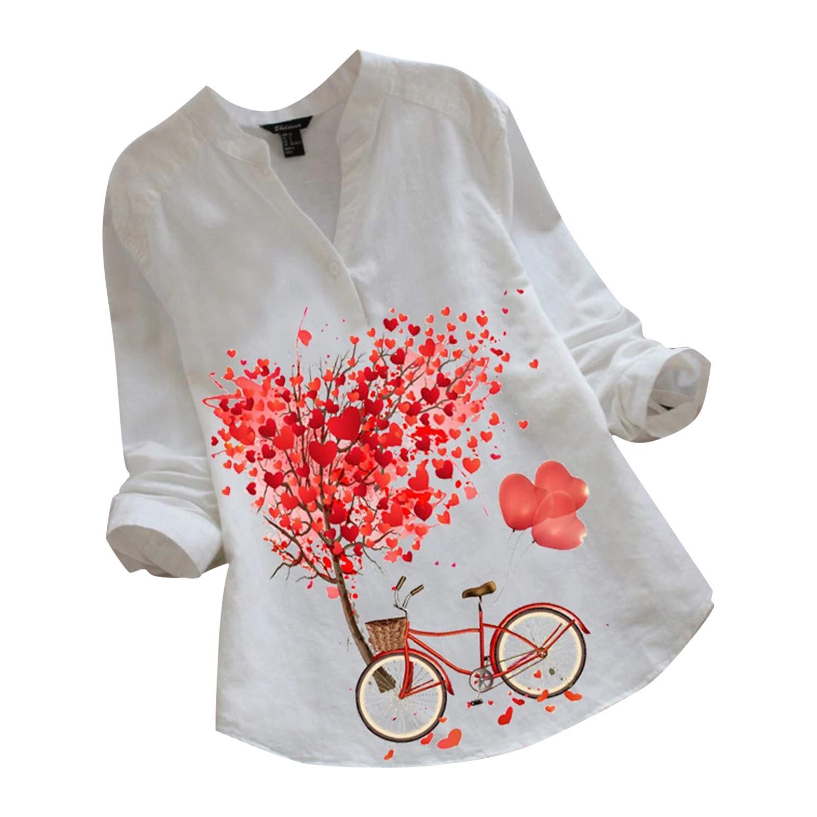 **Plus Size Women's Long Sleeve V-Neck Blouse with Heart Graphic - Valentine's Day Casual Tops for Work, Date Night & Everyday Wear**