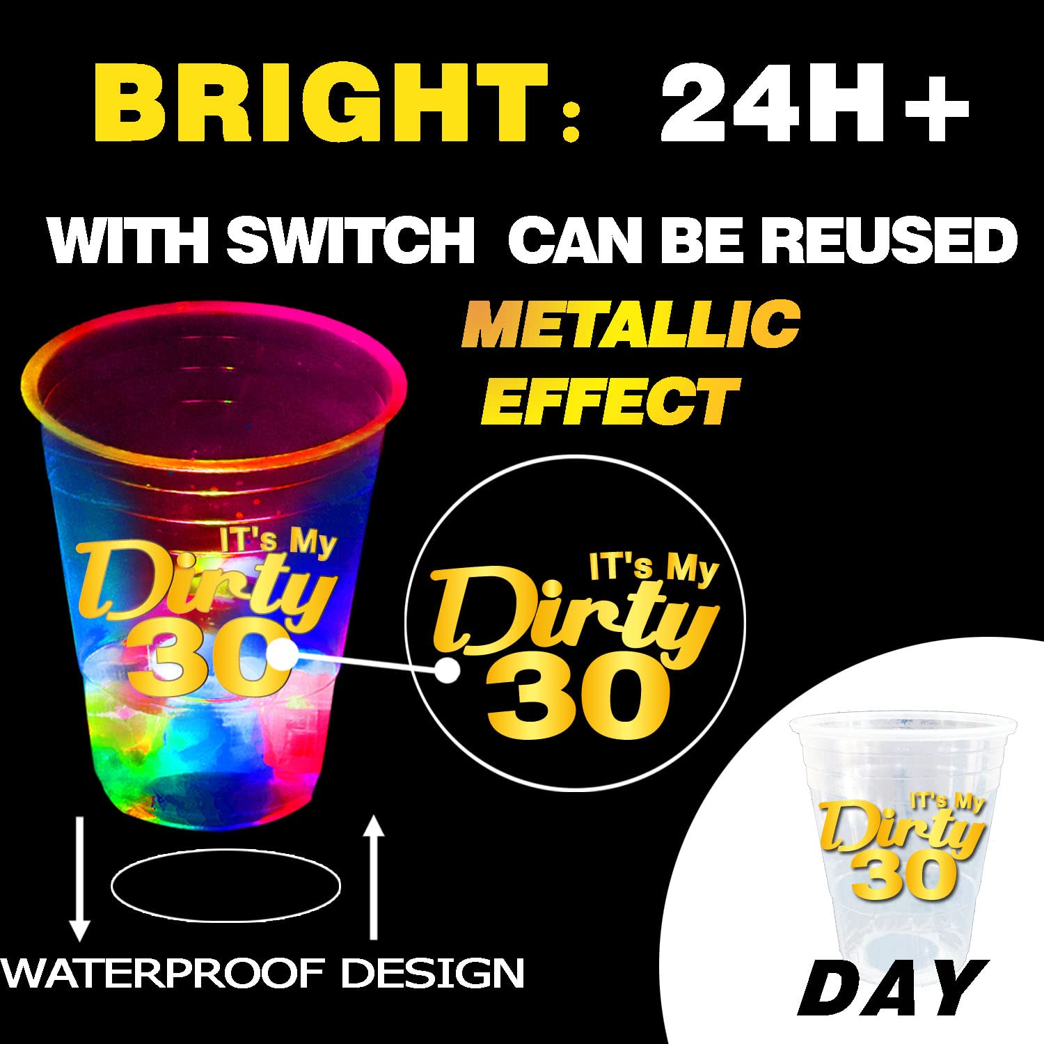 24 Pack Glow in The Dark Dirty 30 Birthday Party Cups - 16oz Light Up Flashing Cups for 30th Birthday Decorations, Night Events & Party Favors - Perfect for Adult Birthday Parties, Bachelorette Events & Glow Themed Celebrations