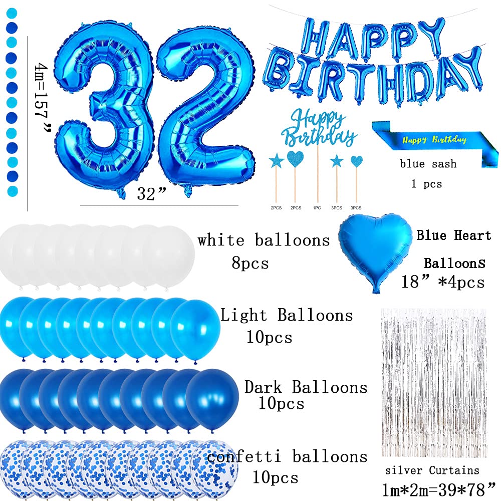 32nd Birthday Party Decorations - Blue Happy Birthday Foil Balloons, Number 32 Cake Topper, Latex & Confetti Balloons, Garland Banner Set - Perfect for Adult Birthday Celebrations, Milestone Parties & Photo Backdrops