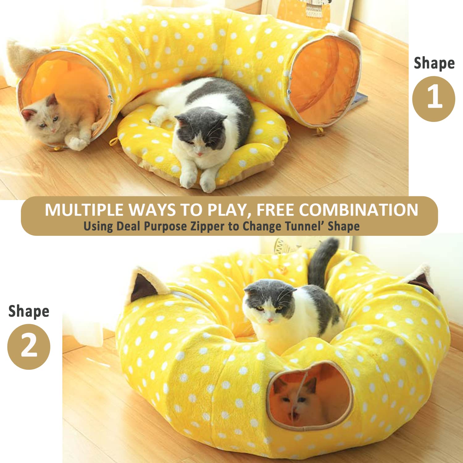 AUOON Cat Tunnel Bed with Central Mat - Large Tube Playground Toy for Kittens, Cats, Puppies, Rabbits & Ferrets | Yellow Moon-Shaped Pet Hideout for Under Christmas Tree | Perfect for Playtime, Napping & Indoor Pet Activities