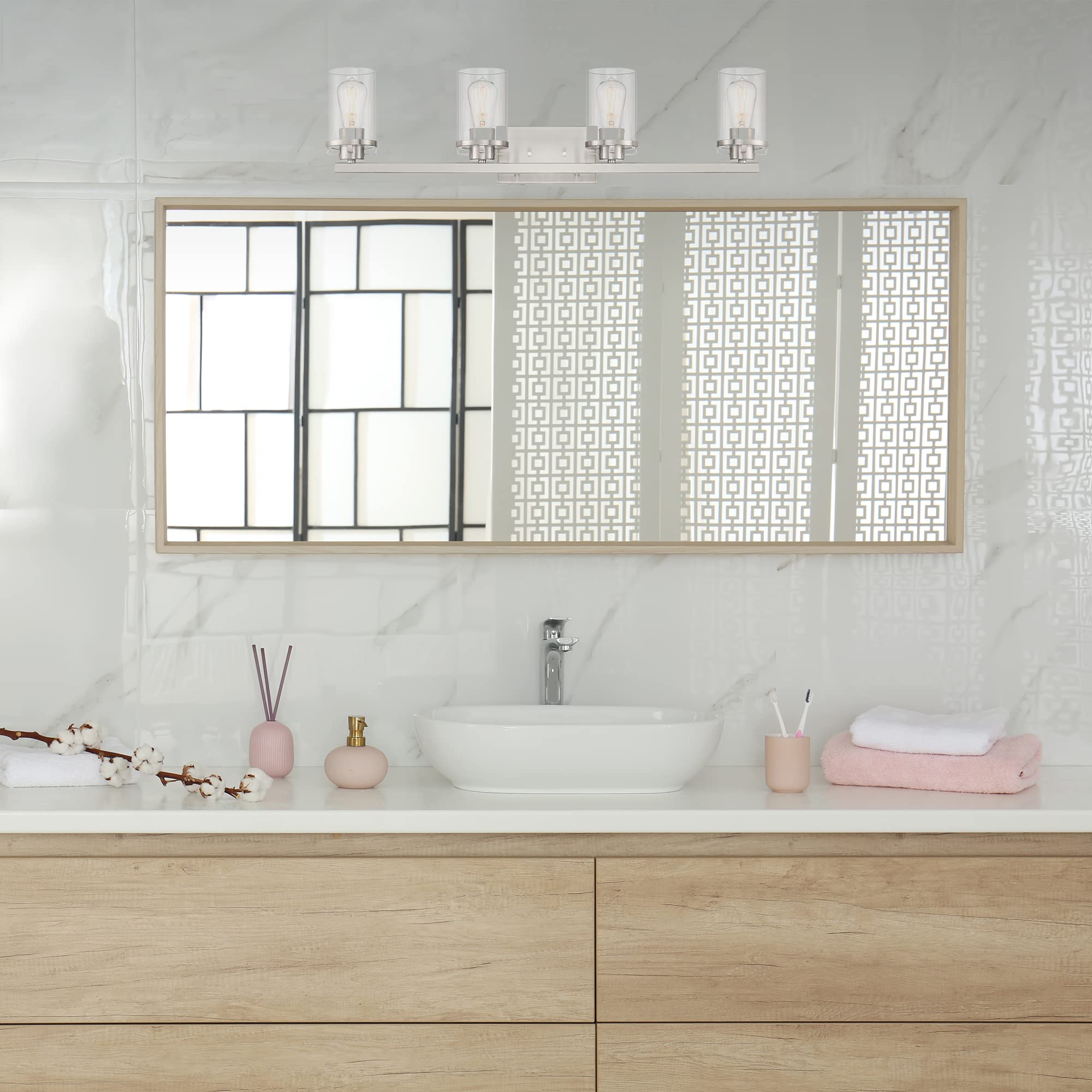 DESIGNERS FOUNTAIN Jedrek 4-Light Bathroom Vanity Light Fixture in Brushed Nickel (Model 93304-BN) - Perfect for Modern Bathroom, Powder Room & Spa Lighting Upgrade