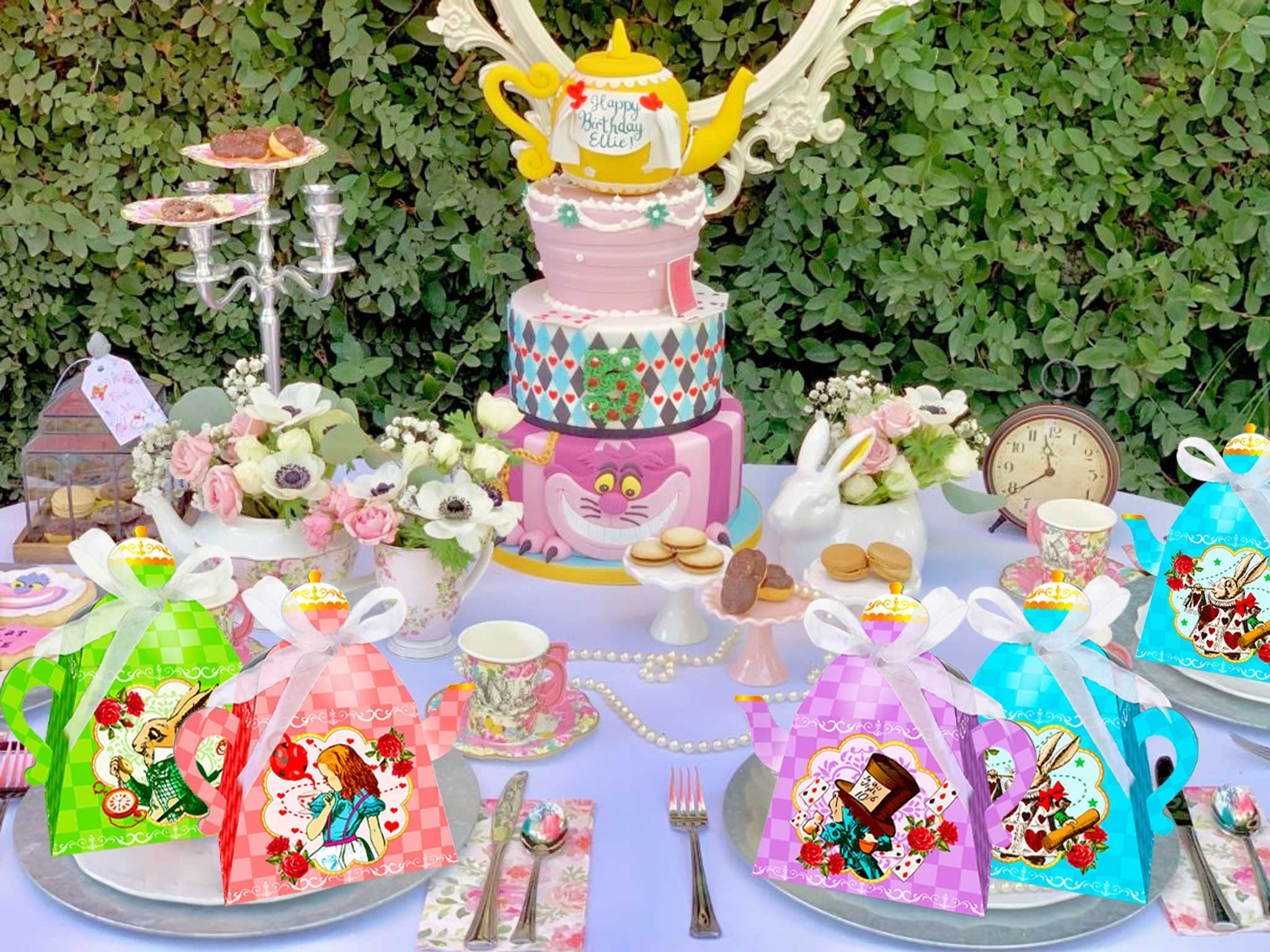 LaVenty 12 PCS Alice in Wonderland Tea Party Favor Bags & Gift Boxes - Whimsical Treat Bags for Birthday Parties, Baby Showers & Themed Events