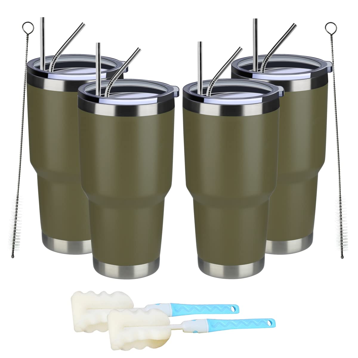 MEWAY 30oz Stainless Steel Vacuum Insulated Tumbler with Lid & Straw - Double Wall Coffee Cup for Hot & Cold Drinks - Leakproof Travel Mug for Office, Gym, Camping (4 Pack, Army Green) - Perfect for Iced Coffee, Tea, Water & Smoothies On The Go