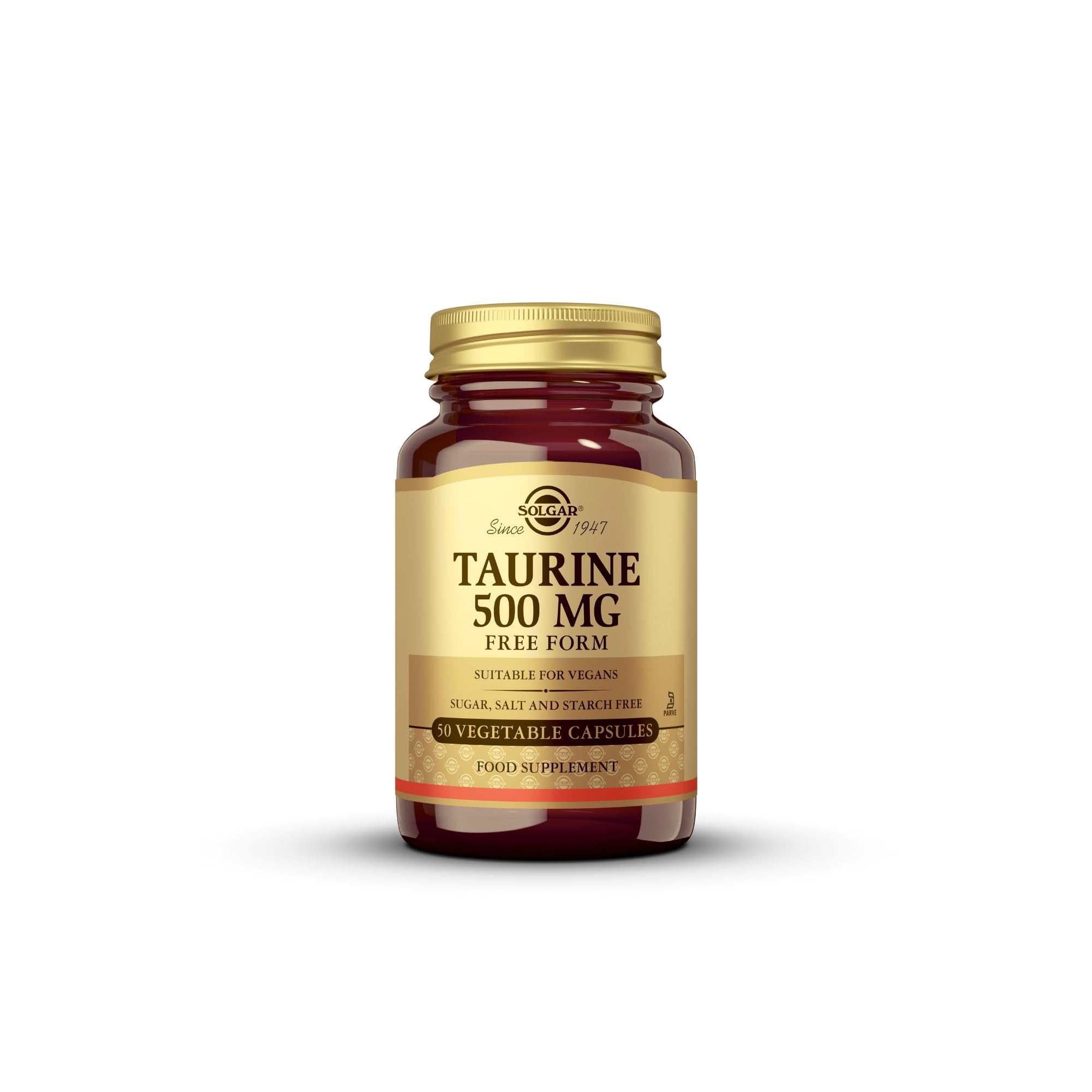 Solgar Taurine 500mg Vegan Capsules - 50 Count | Sugar-Free, Gluten-Free Amino Acid Supplement for Energy & Heart Health | Essential Nutrient for Athletes & Fitness Enthusiasts