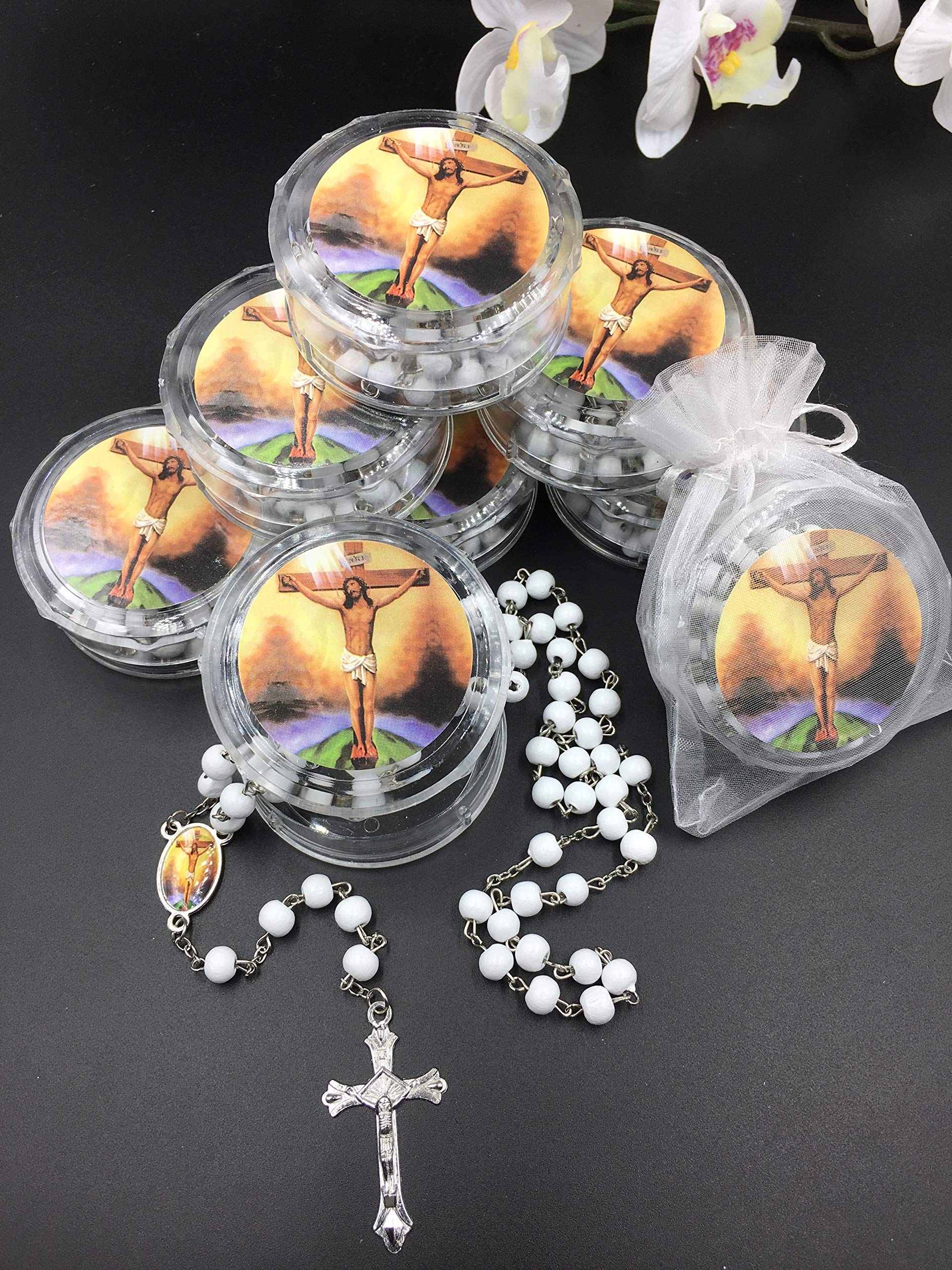 12-Pack Jesus Cross Rosaries - Pink Scented Baptism Favors with Organza Bags for Christening, First Communion & Religious Gifts