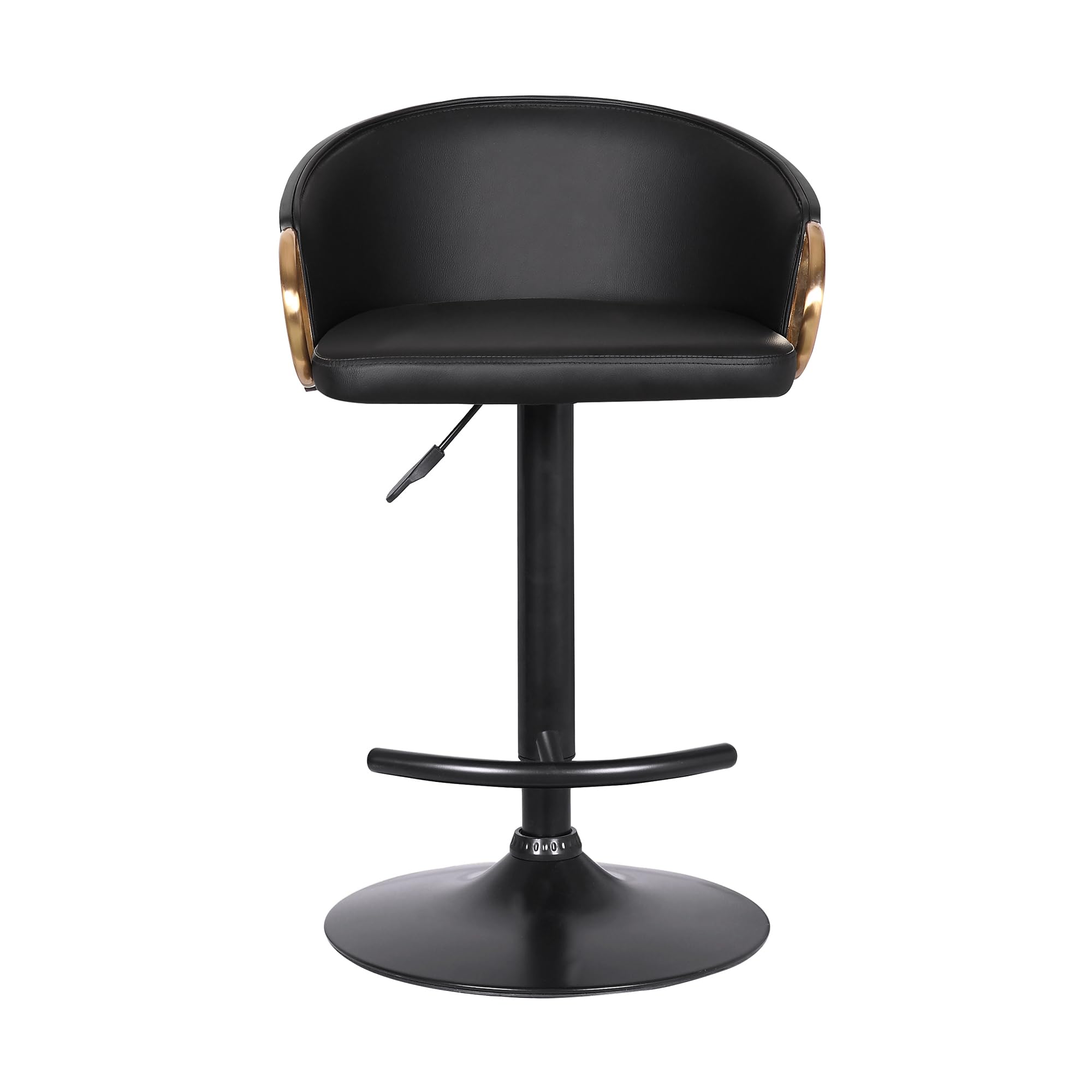 Armen Living Solstice Adjustable Black Faux Leather Swivel Bar Stool with Black Powder Coated Metal Base & Gold Accents - Perfect for Kitchen Islands, Home Bars & Modern Dining Areas