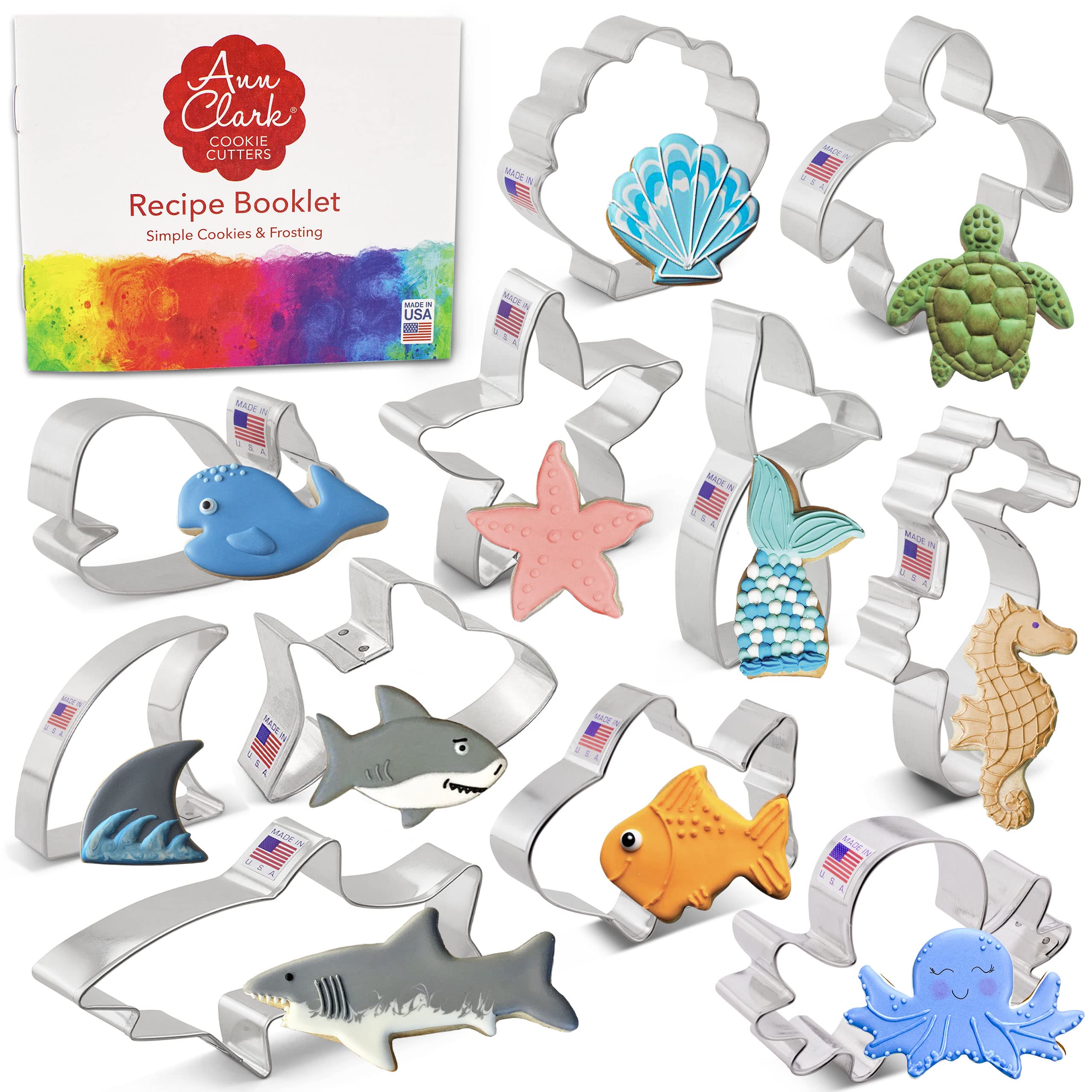 Premium Under The Sea Cookie Cutters 11-Piece Set - Shark, Whale, Fish, Mermaid Tail & Sea Turtle - Made in USA by Ann Clark - Perfect for Baking, Birthday Parties & Ocean-Themed Events