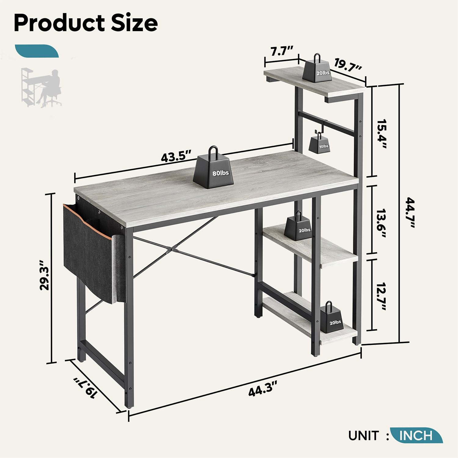 Bestier 44 Inch Gaming Computer Desk with 4-Tier Shelves, LED Lights, Storage Bag & Printer Shelf - Retro Grey Oak | Home Office & Gaming Setup for Small Spaces
