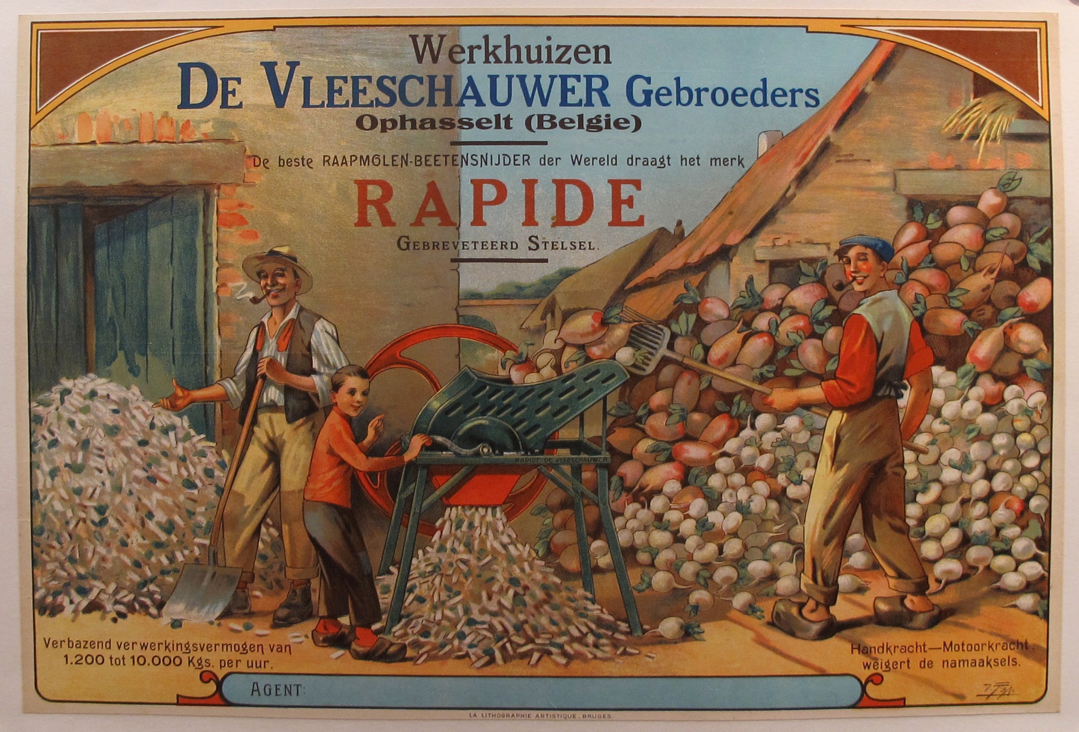 Vintage 1890s Original Belgian Agricultural Poster - Automatic Vegetable Chopper by Werkhuizen De Vleeschauwer Gebroeders - Perfect for Kitchen Decor & Antique Collectors