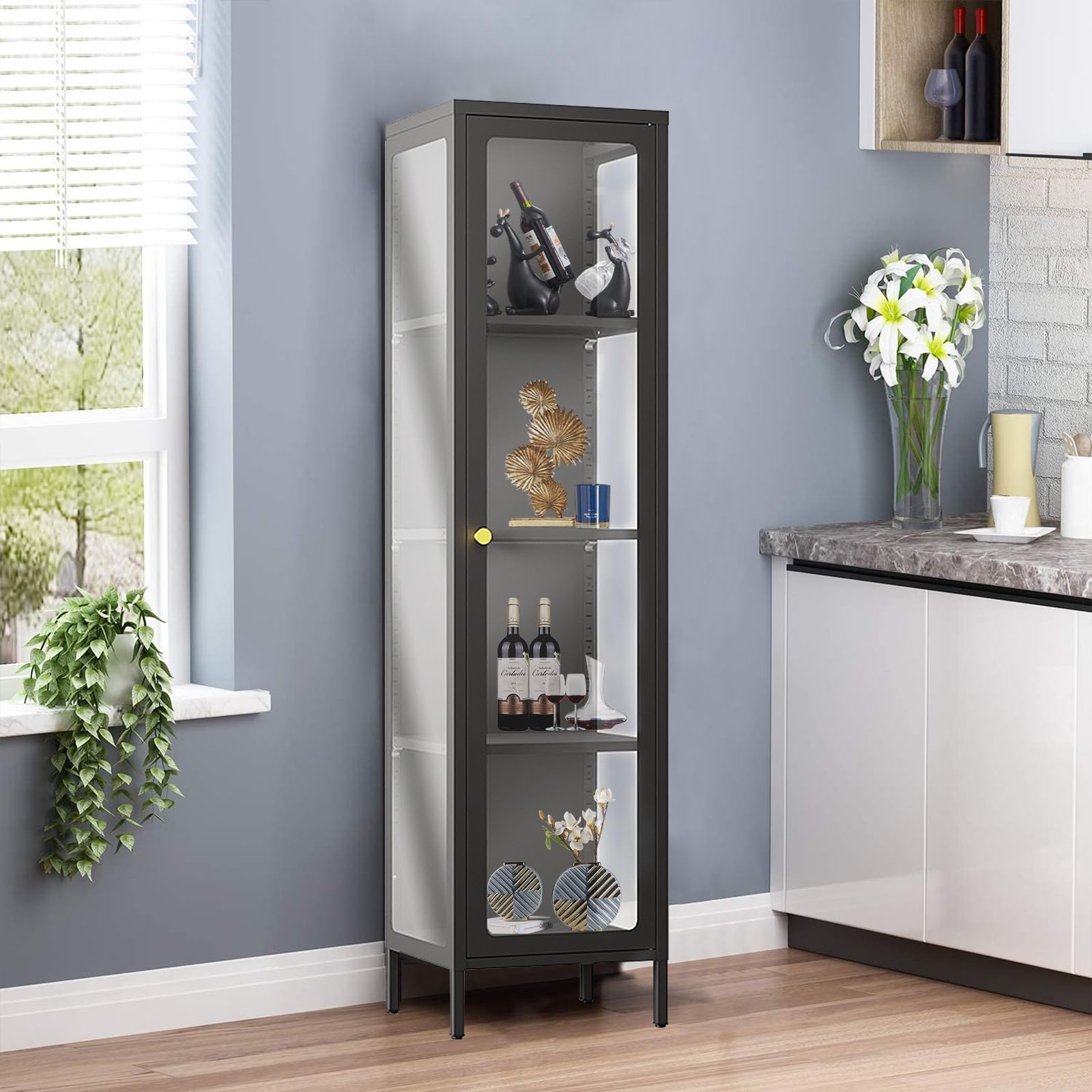 Glass Display Cabinet with 4 Adjustable Shelves - Curio Cabinet with Glass Doors for Home, Office, Clinic or Pantry - Easy Assembly Required (Black) - Perfect for Showcasing Collectibles, China, Books or Retail Merchandise