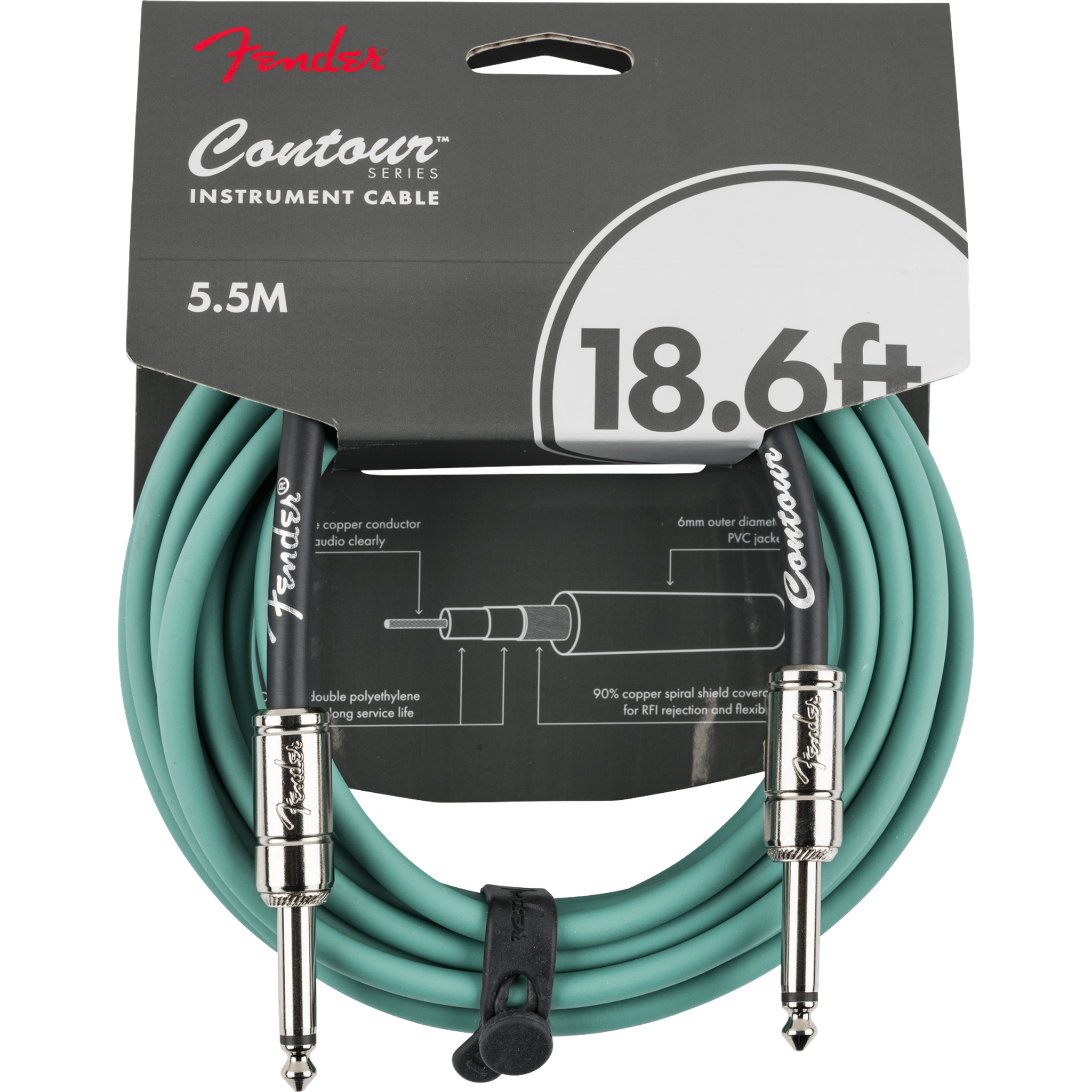 Fender Contour Instrument Cable 18.6ft - Premium Sherwood Green Guitar Cable for Electric Bass & Acoustic Instruments - Perfect for Live Performances, Studio Recording & Home Practice