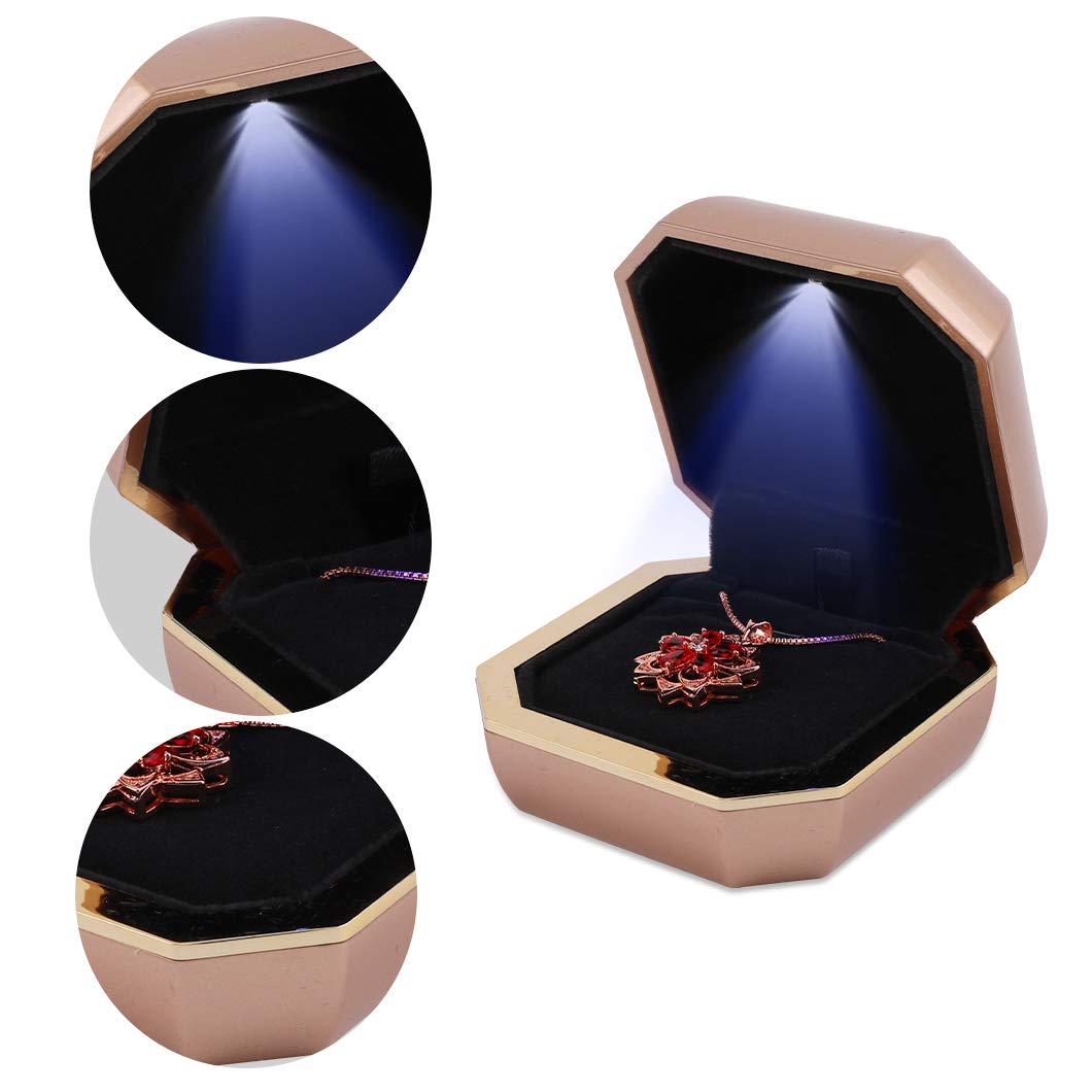 Rolin Roly LED Lighted Jewelry Gift Box - Octagonal Pendant Storage Organizer with Champagne Gold Finish | Perfect for Necklace Display, Wedding Gifts & Luxury Jewelry Packaging