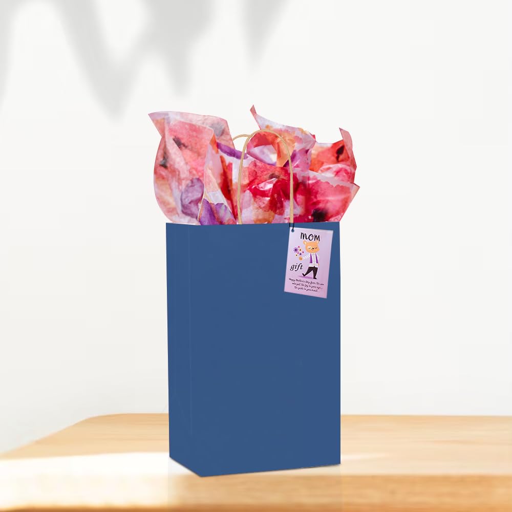 50 Pack 5.25x3.25x8 Inch Small Blue Kraft Gift Bags with Handles - Bulk Party Favors, Wedding, Retail Shopping Bags for Business, Crafts & Grocery - Perfect for Birthday Gifts, Baby Showers & Holiday Treats (Blue, 50pcs)
