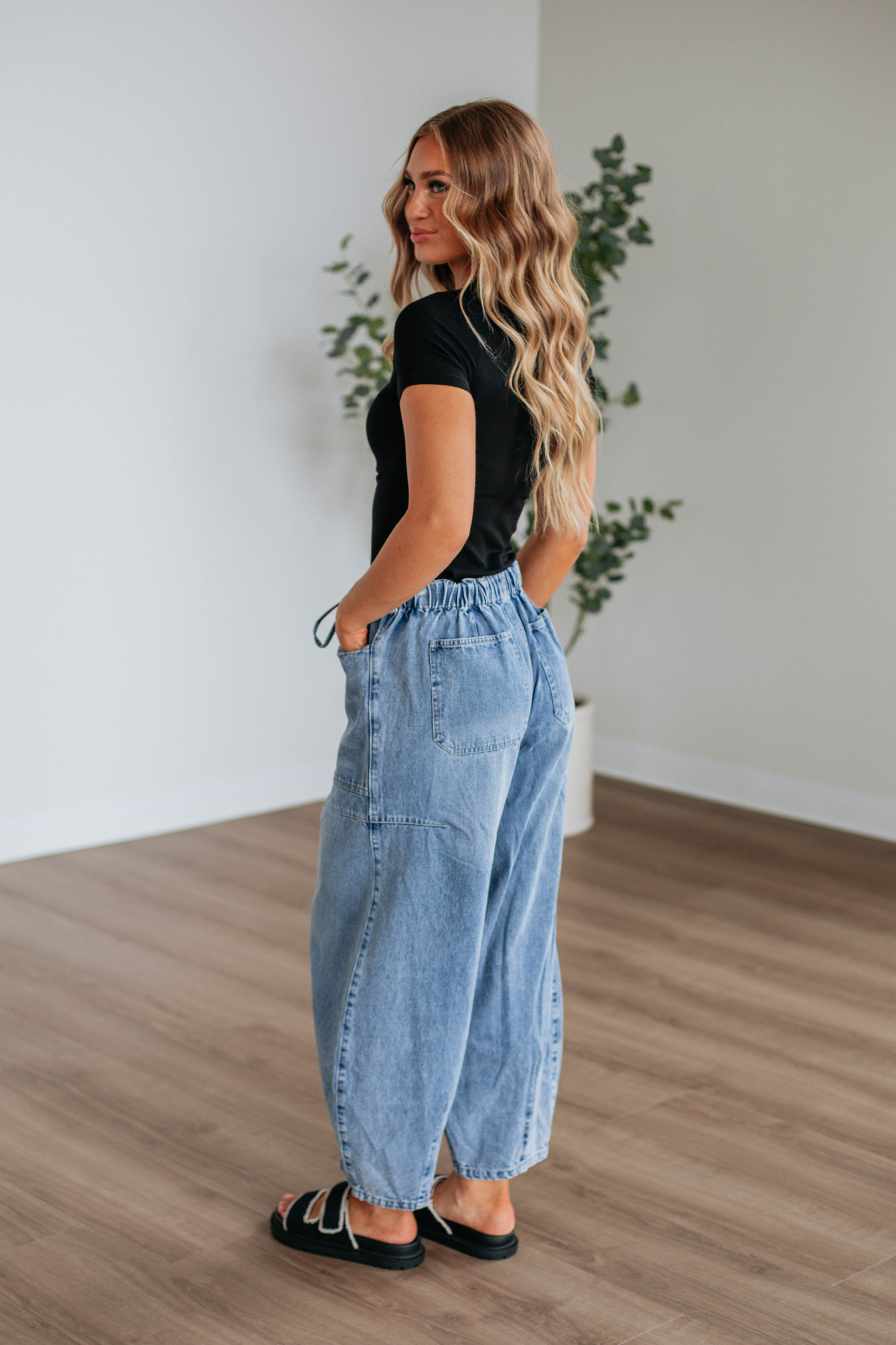 Bradwell Women's Denim Barrel Pants - Medium Wash High Waisted Wide Leg Jeans for Casual Wear & Street Style