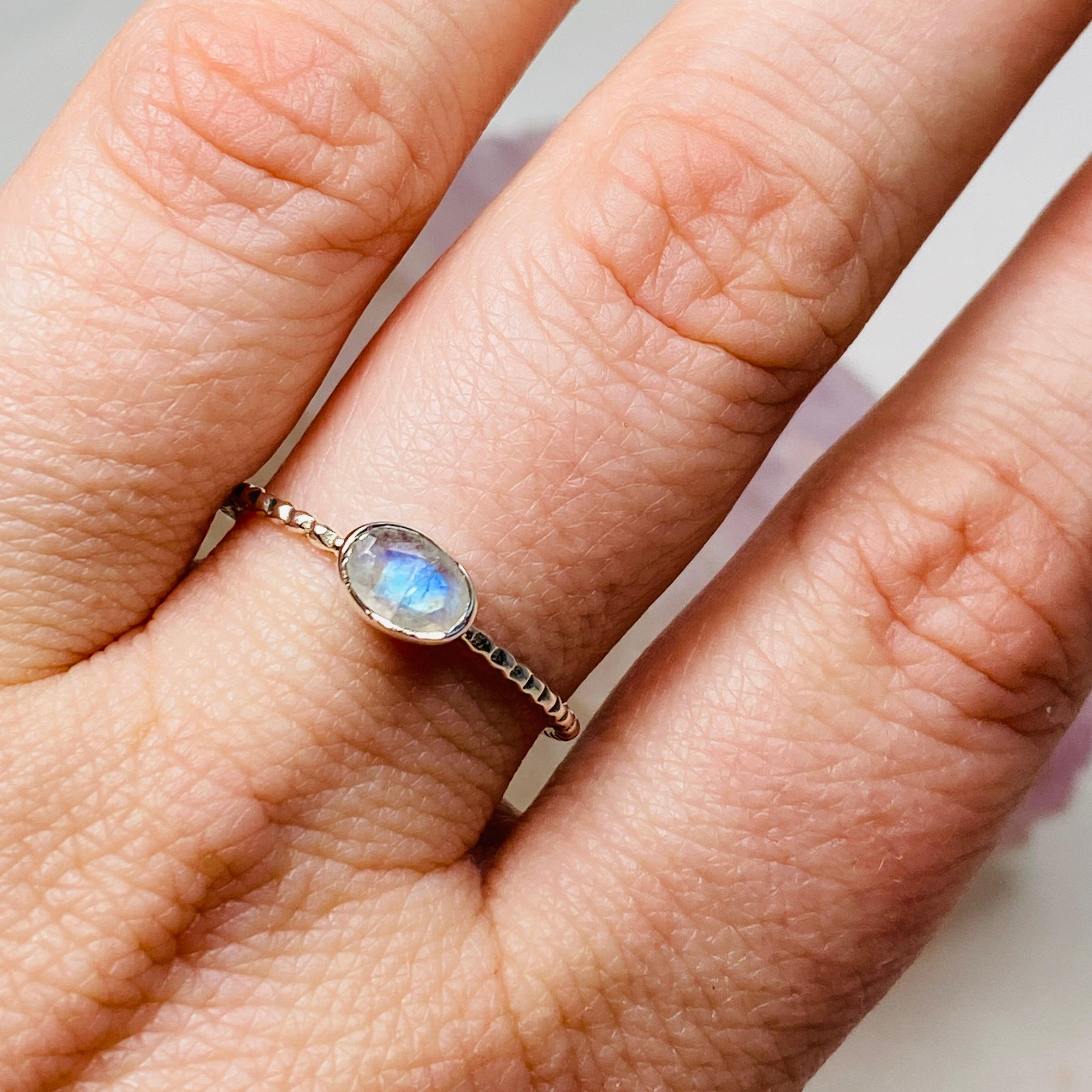Moonstone Oval Faceted Fine Band Ring - Sterling Silver 925, Dainty Minimalist Jewelry for Women, Perfect for Everyday Wear & Special Occasions
