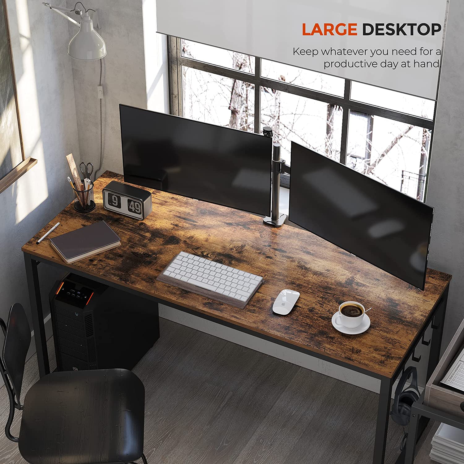 VASAGLE 55 Inch Industrial Computer Desk with Metal Frame and 8 Hooks - Rustic Brown Writing Desk for Home Office, Study & Work from Home - Perfect for Small Spaces, Gaming & Remote Work Setup