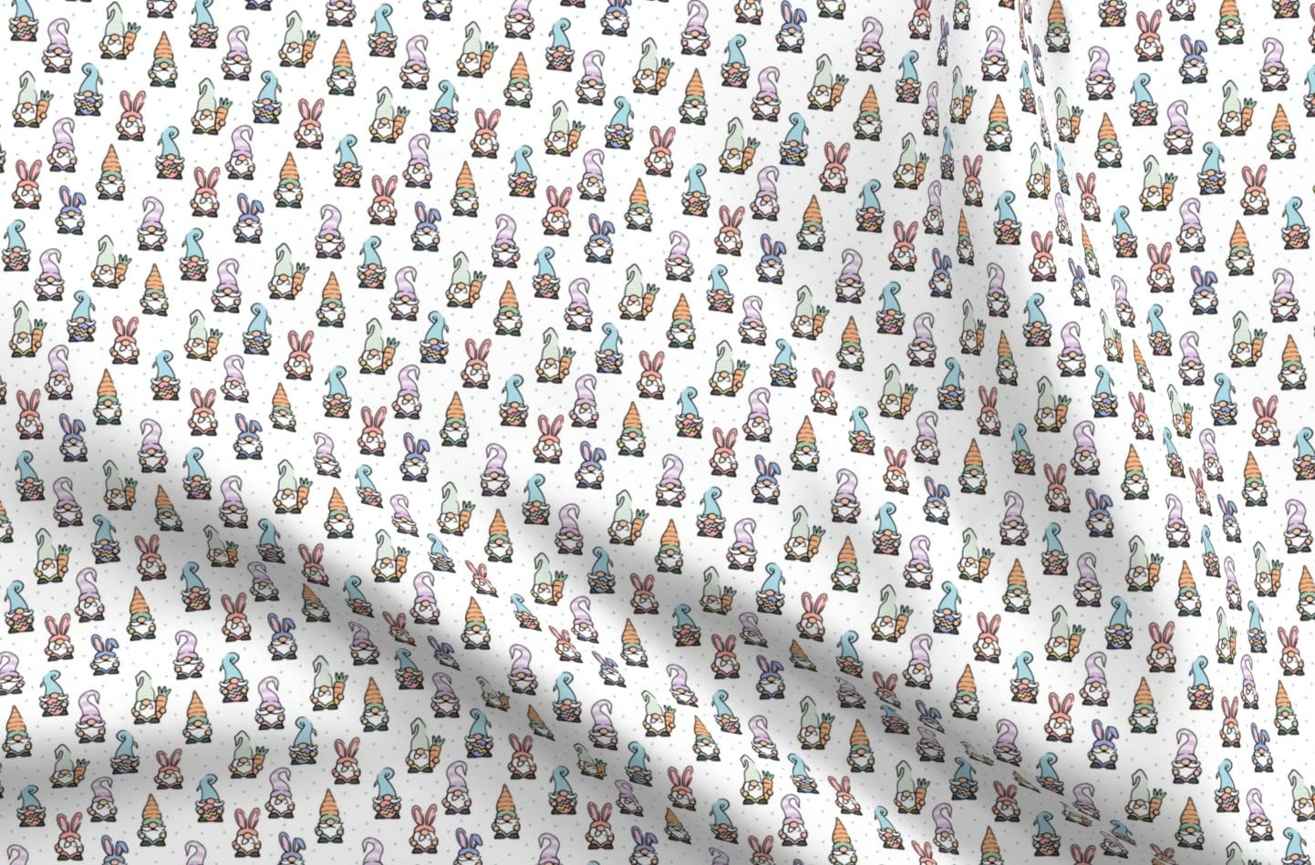 Spring Gnomes Easter Eggs Pastel Cute Carrot Gnome Printed Satin Fabric by The Yard - Sewing, Lining, Apparel, Fashion, Blankets, Home Decor - Perfect for Easter Crafts, DIY Projects, Baby Clothes & Quilting