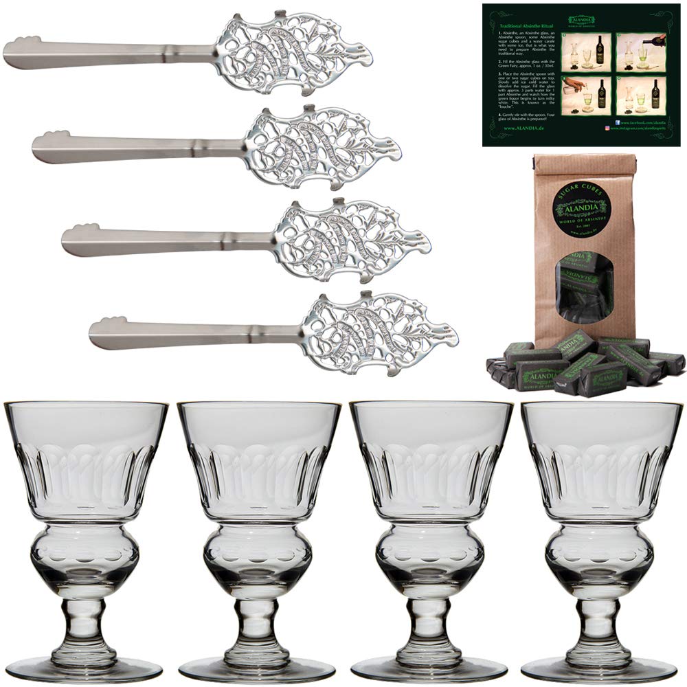 Premium Absinthe Spoon and Glass Set - 4 Absinthe Glasses, 4 Absinthe Spoons, Sugar Cubes & Ritual Guide - Perfect for Traditional Absinthe Drip Preparation & Bohemian Home Bar Decor