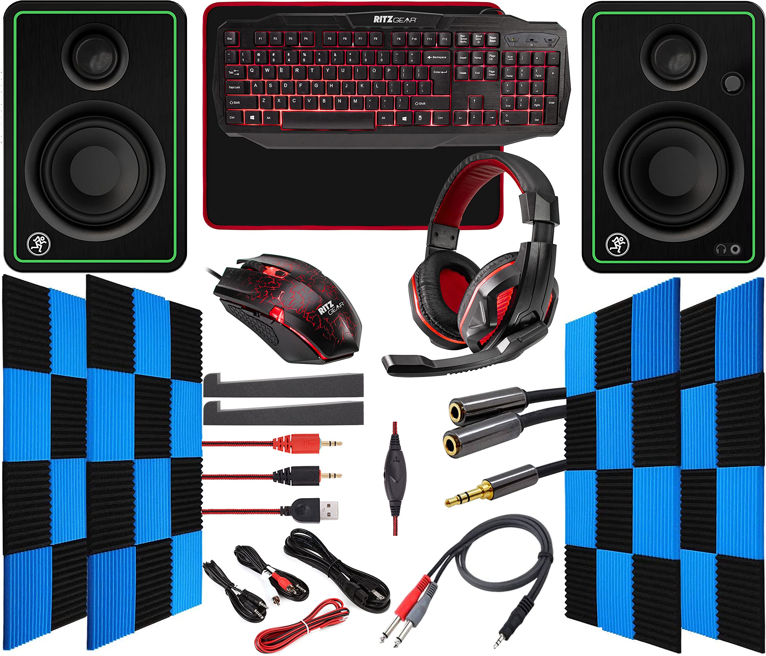 Ritz Gear Red 4-in-1 Gaming Kit - LED Backlit Multimedia Keyboard, Optical Mouse, Mouse Pad & Headset with Adapter | Compatible with CR5-X Bluetooth Monitors | Includes 24 Pack Acoustic Soundproof Wedge Panels | Perfect for PC Gaming Setup, Streaming & Home Office