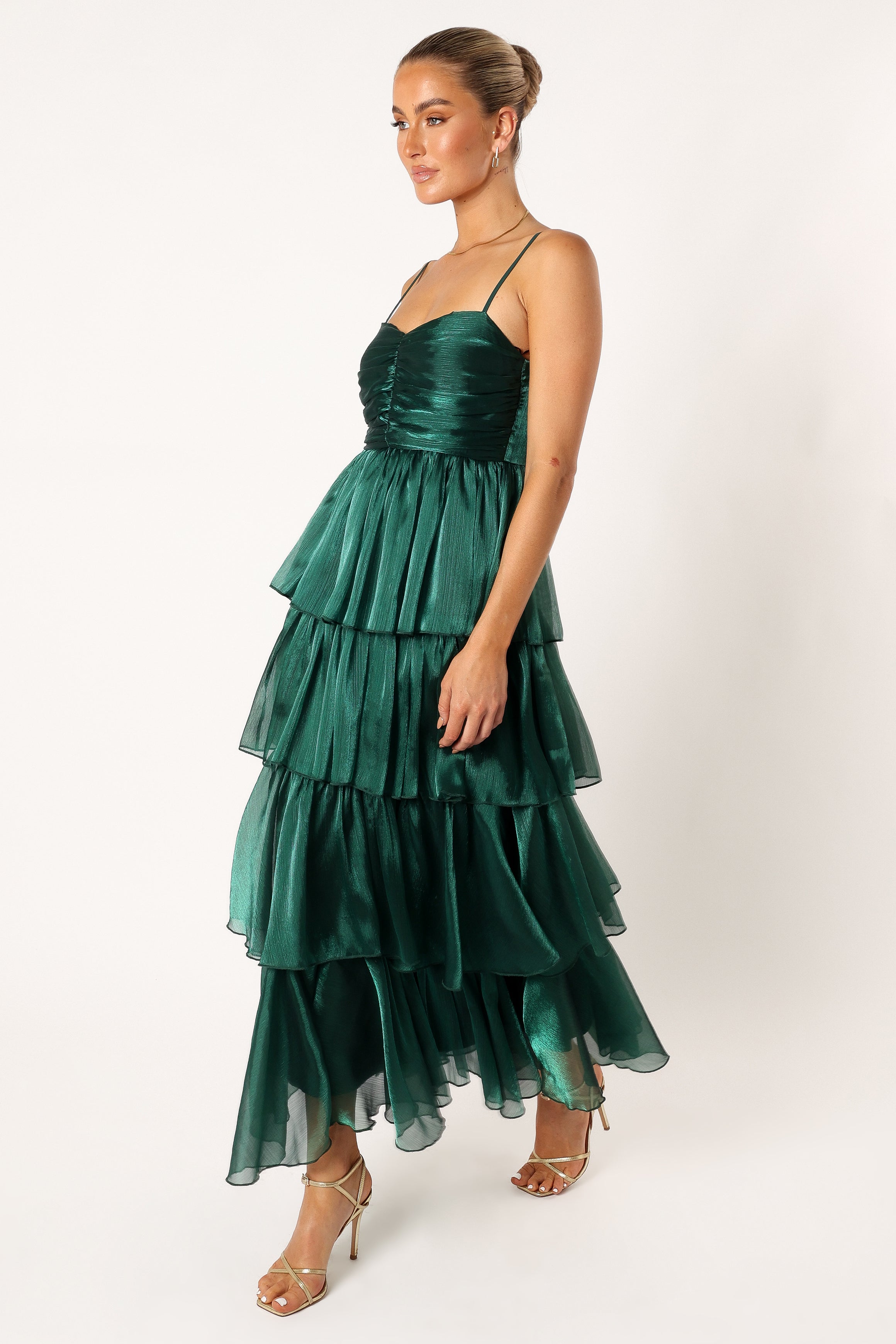 Jace Tiered Maxi Dress in Shimmer Emerald Green - Elegant Women's Summer Evening Gown for Weddings, Parties & Special Occasions