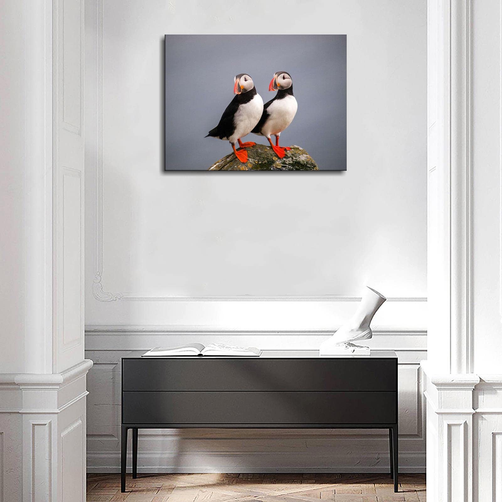 Cute Atlantic Puffin Bird Wildlife Poster - Premium Canvas Print Wall Art (32x24 Inches Framed) for Home & Office Decor - Perfect for Living Room, Bedroom or Gift
