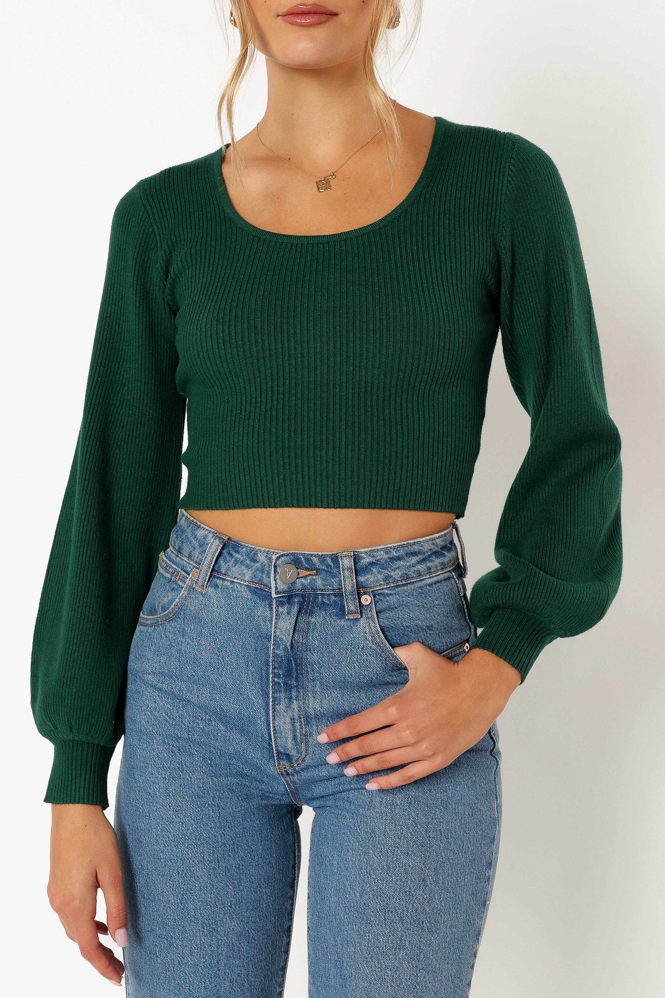 Daphne Women's Crewneck Bubble Sleeve Knit Sweater - Dark Green | Cozy Winter Pullover for Casual Outings & Office Wear