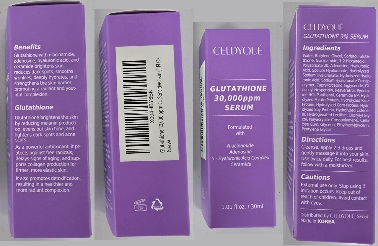 Pure Glutathione Concentrate Serum 30,000ppm with Niacinamide & Hyaluronic Acid - Brightens Skin, Reduces Dark Spots & Acne Scars - Korean Skincare for Sensitive Skin - Perfect for Daily Anti-Aging Routine & Hyperpigmentation Treatment