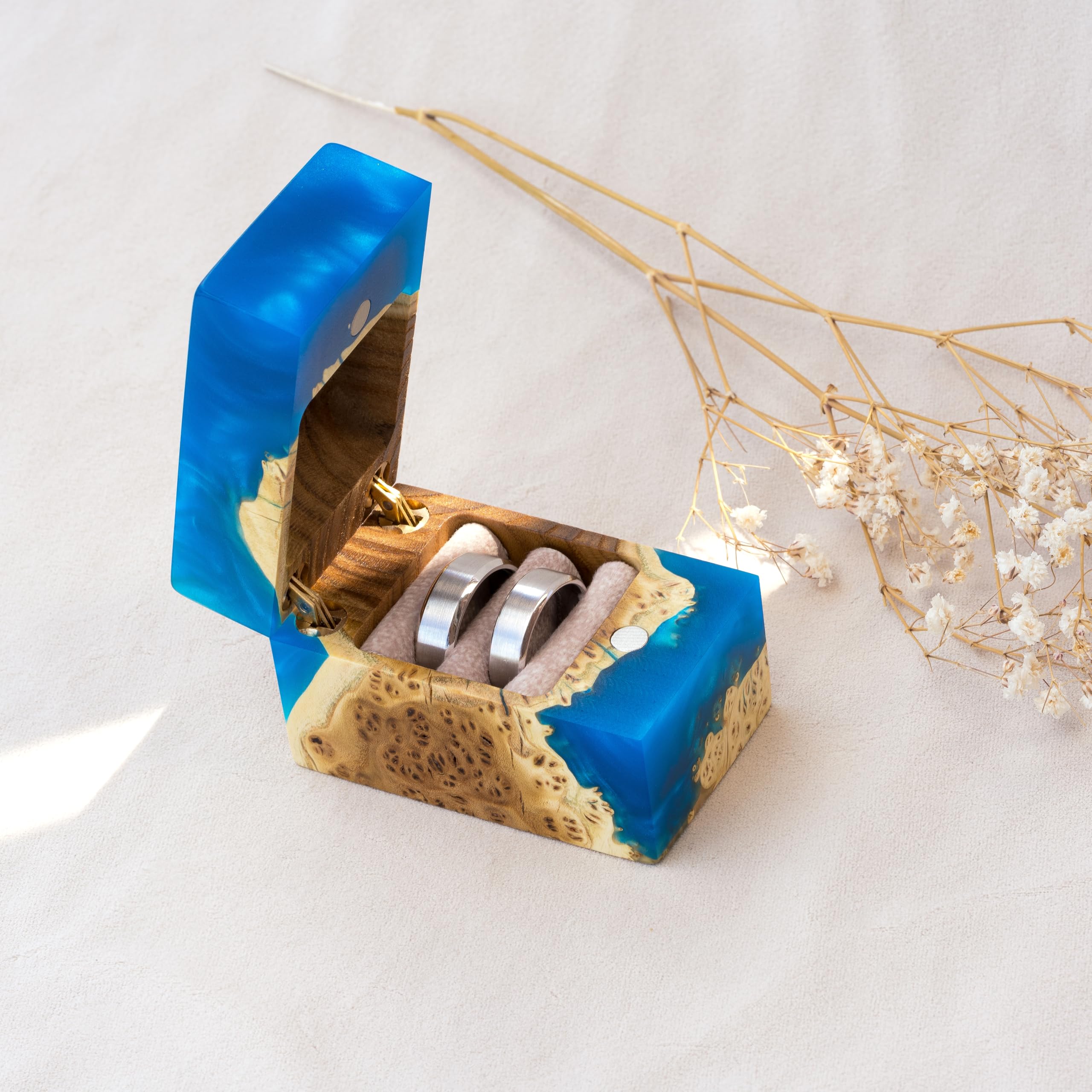 Exquisite Handcrafted Wooden Engagement Ring Bearer Box - Unique Proposal Ring Box for Wedding & Special Occasions - Double Ring Holder for Women & Men - Perfect Engagement Gift & Ring Display - Blue Accord Design - Ideal for Proposals, Anniversaries & Romantic Surprises